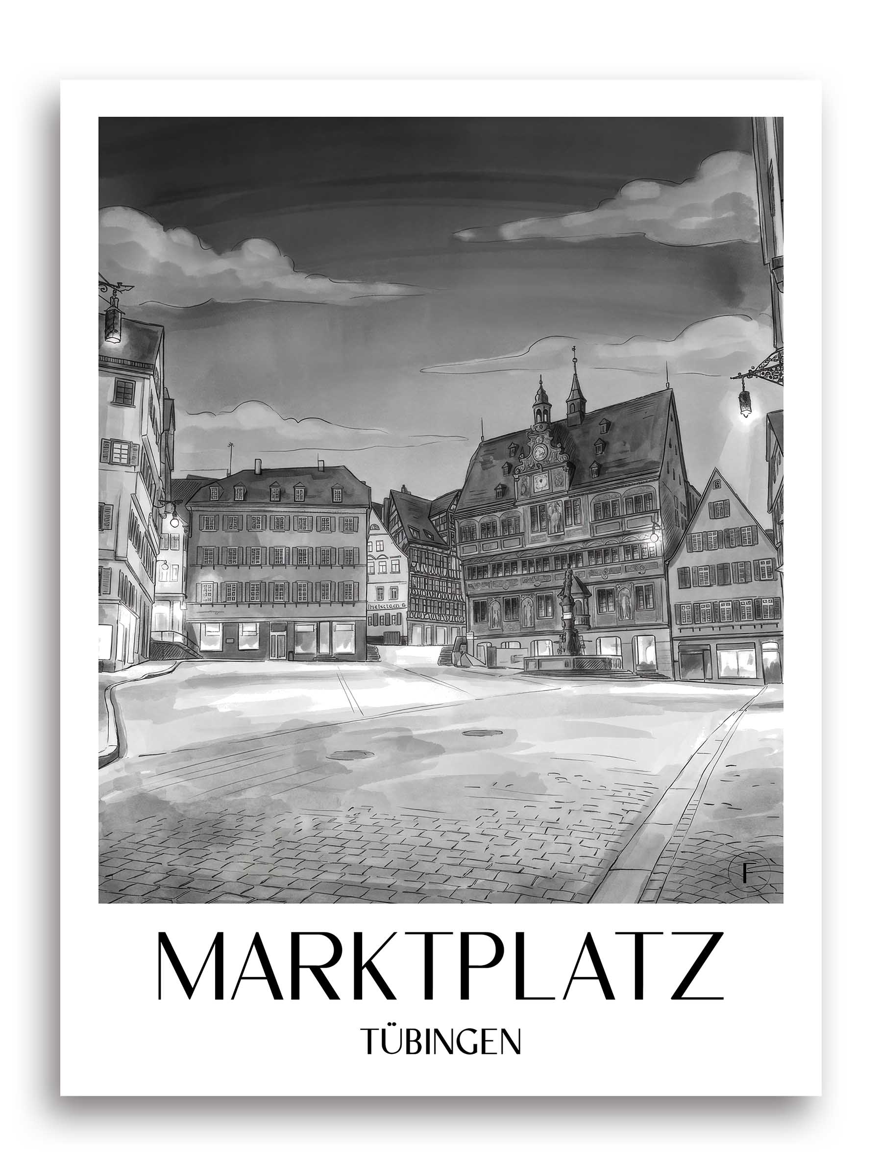 marktplatz-tübingen-deutschland-poster-aquarell-schwarz-weiss