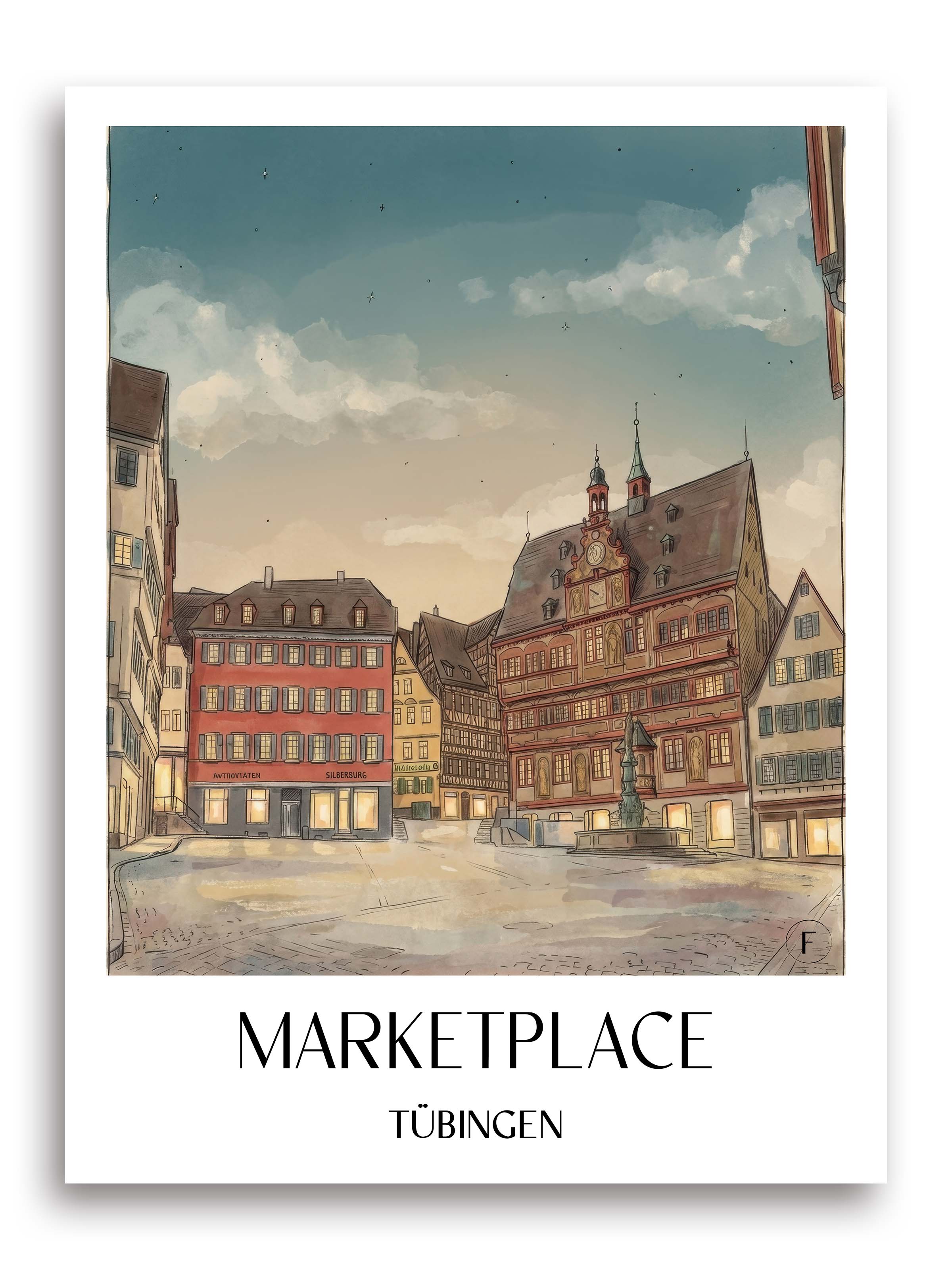 Marktplatz Poster - Tübingen - Deutschland Kunstdruck - Aquarell von A4 bis A1 - favplace