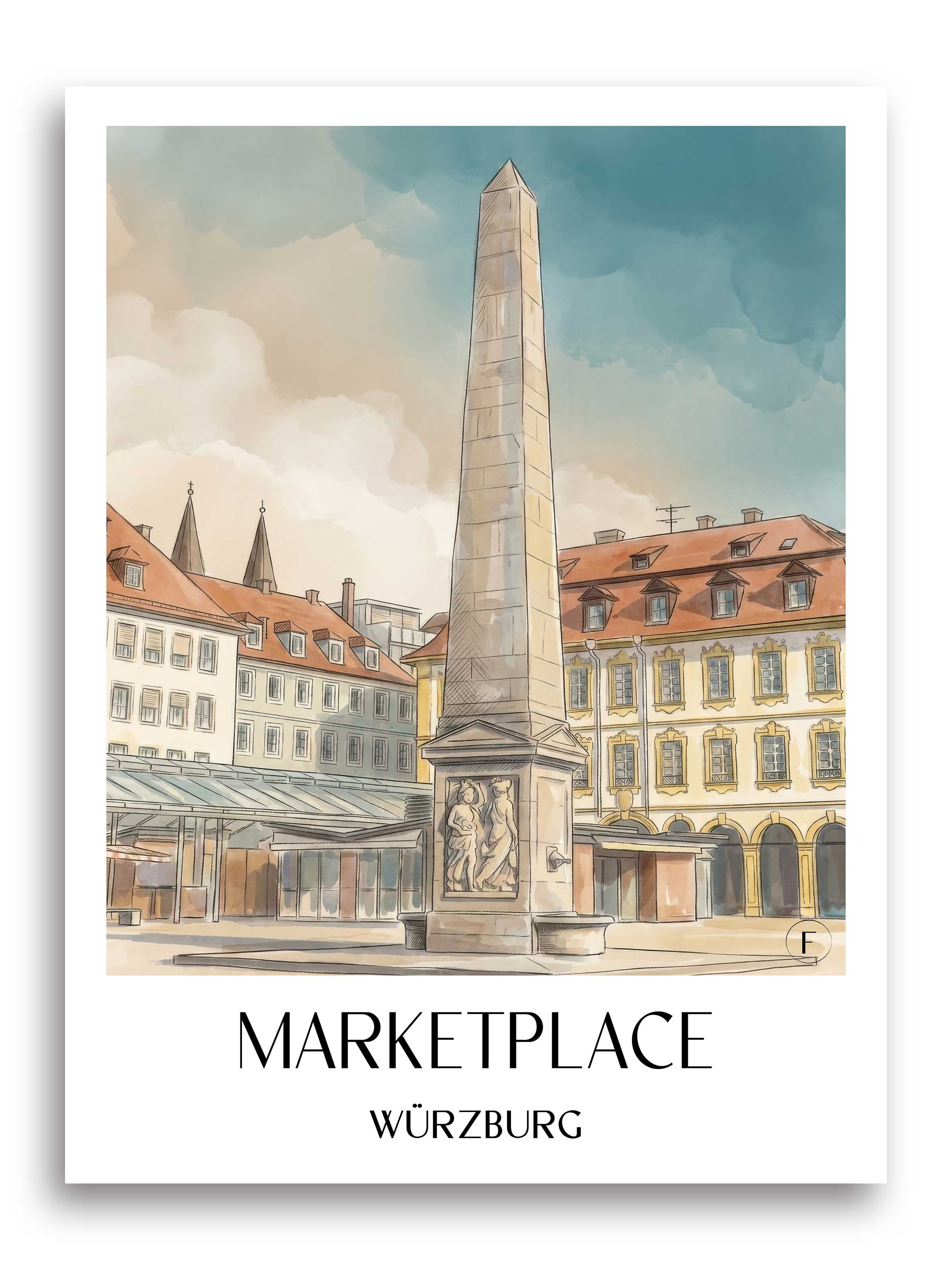 Marktplatz Poster - Würzburg - Deutschland Kunstdruck - Aquarell von A4 bis A1 - favplace