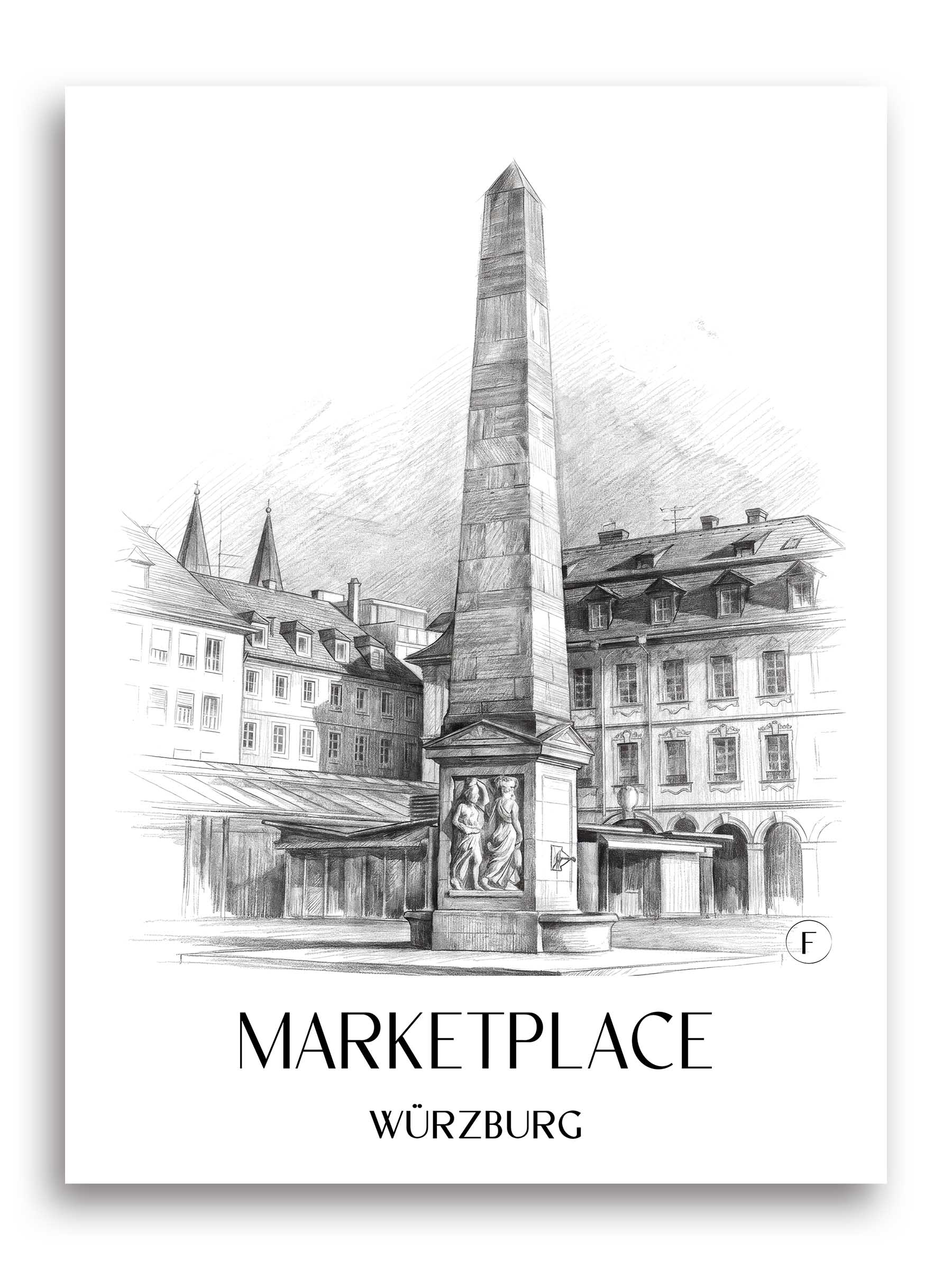 Marktplatz Poster - Würzburg - Deutschland Kunstdruck - Zeichnung von A4 bis A1