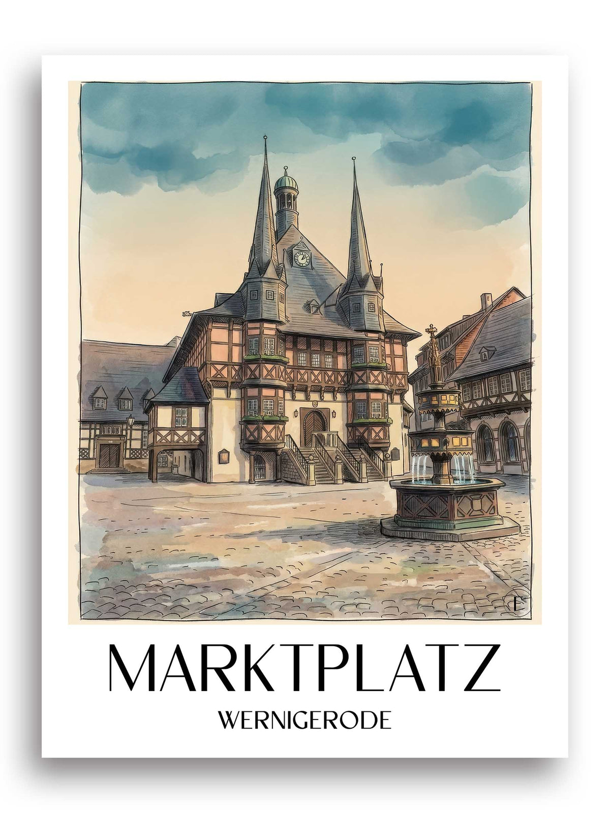 marktplatz-wernigerode-deutschland-poster-aquarell