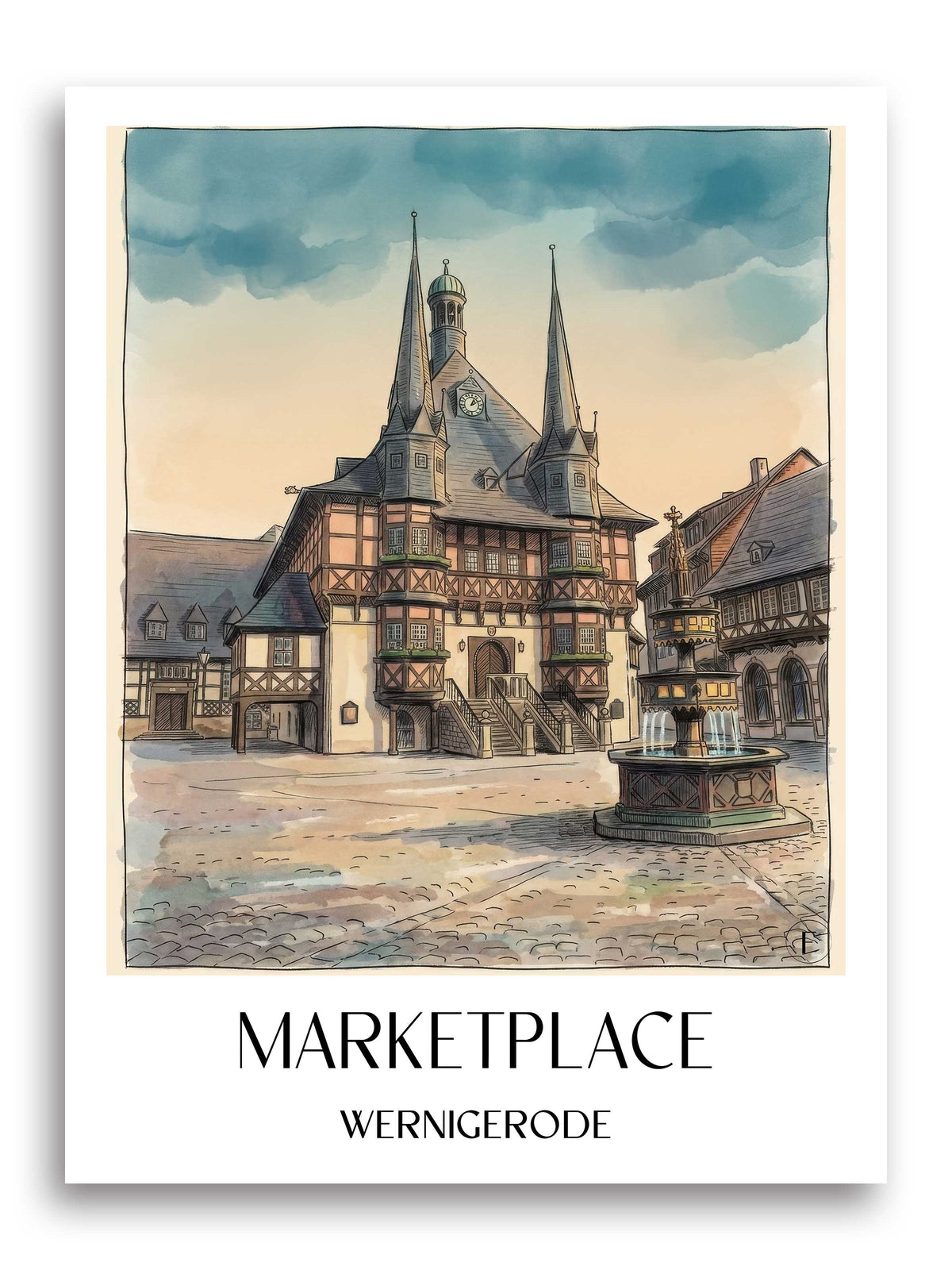 Marktplatz Poster - Wernigerode - Deutschland Kunstdruck - Aquarell von A4 bis A1 - favplace
