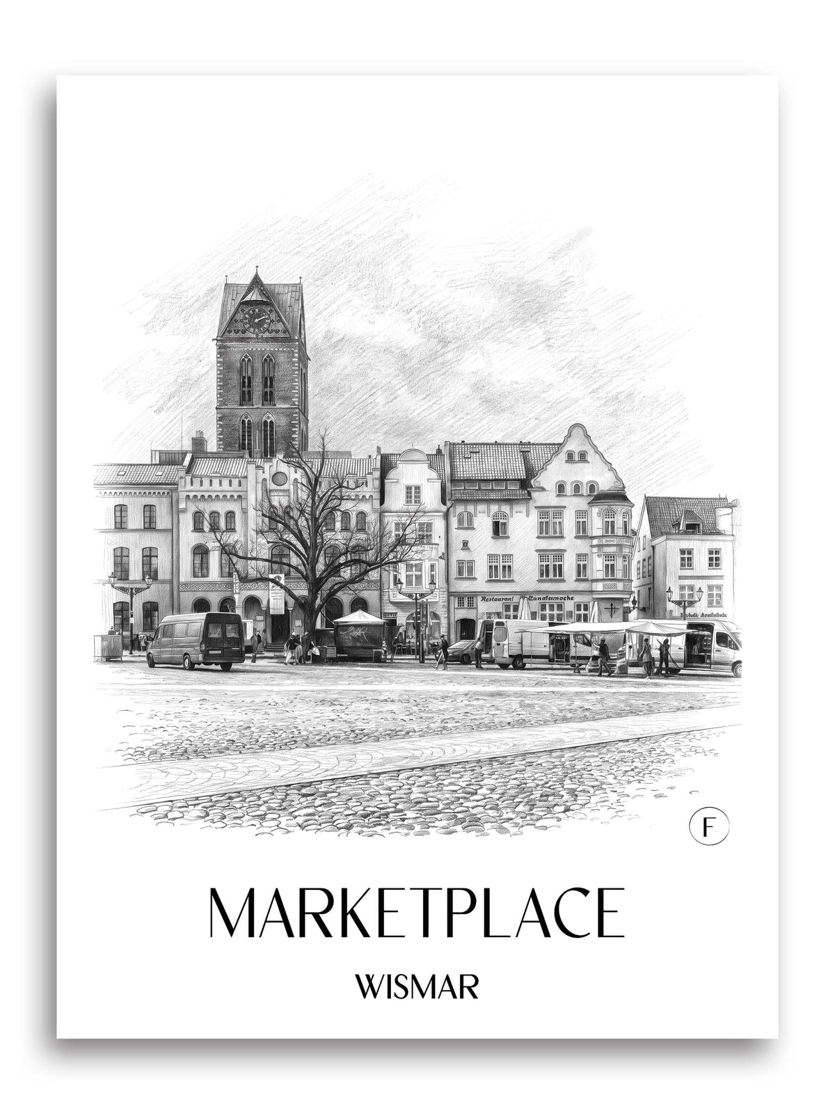Marktplatz Poster - Wismar - Deutschland Kunstdruck - Zeichnung von A4 bis A1