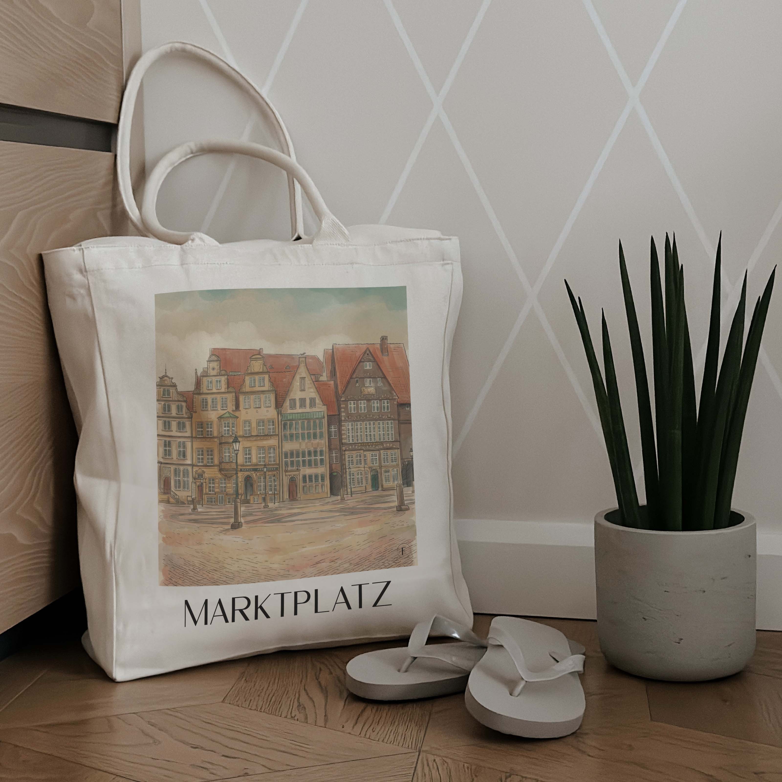 marktplatz-bremen-deutschland-einkaufstasche-aquarell