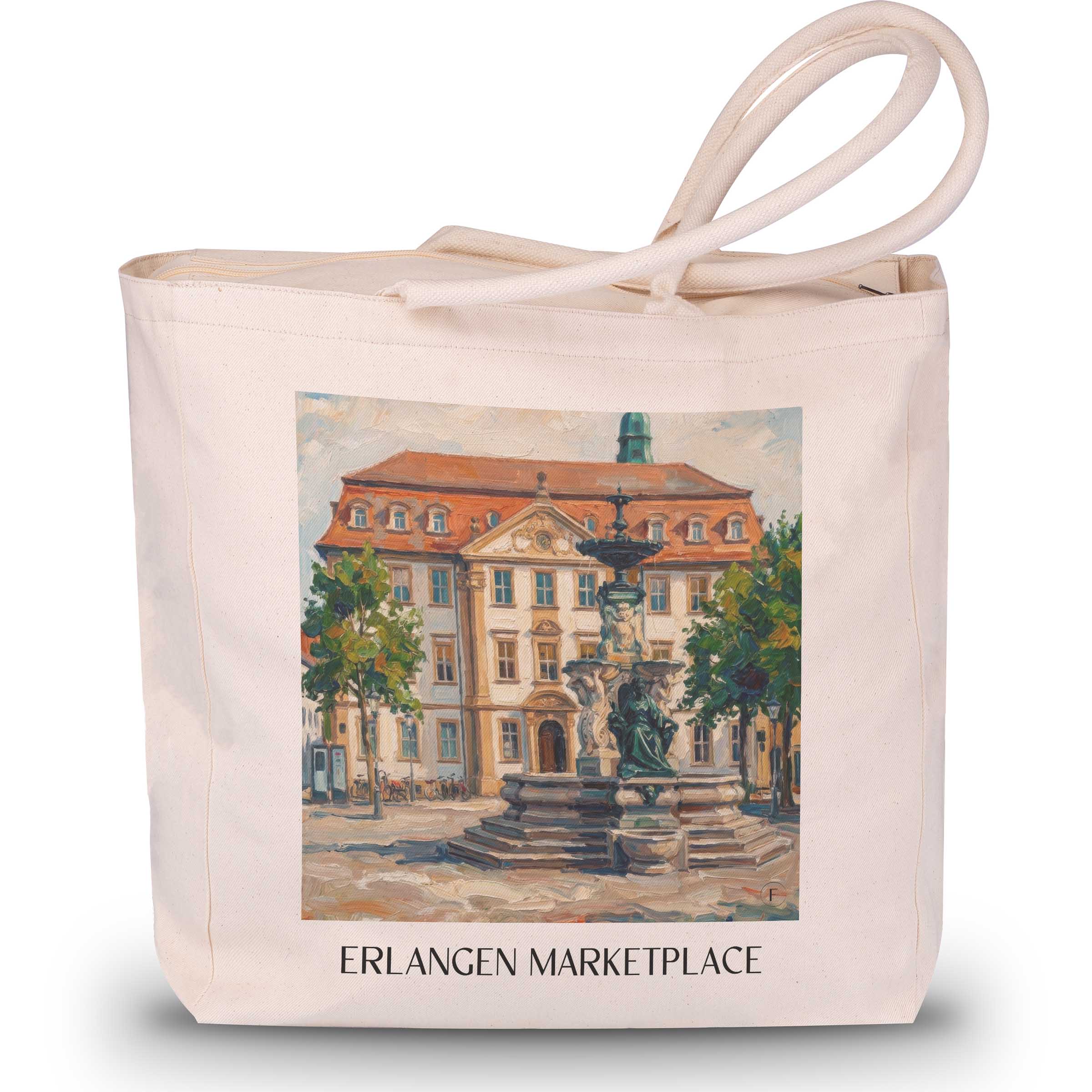 Marktplatz Shopping Tasche - Erlangen - Deutschland Tote Bag - Einkaufstasche im Ölgemälde Stil - favplace