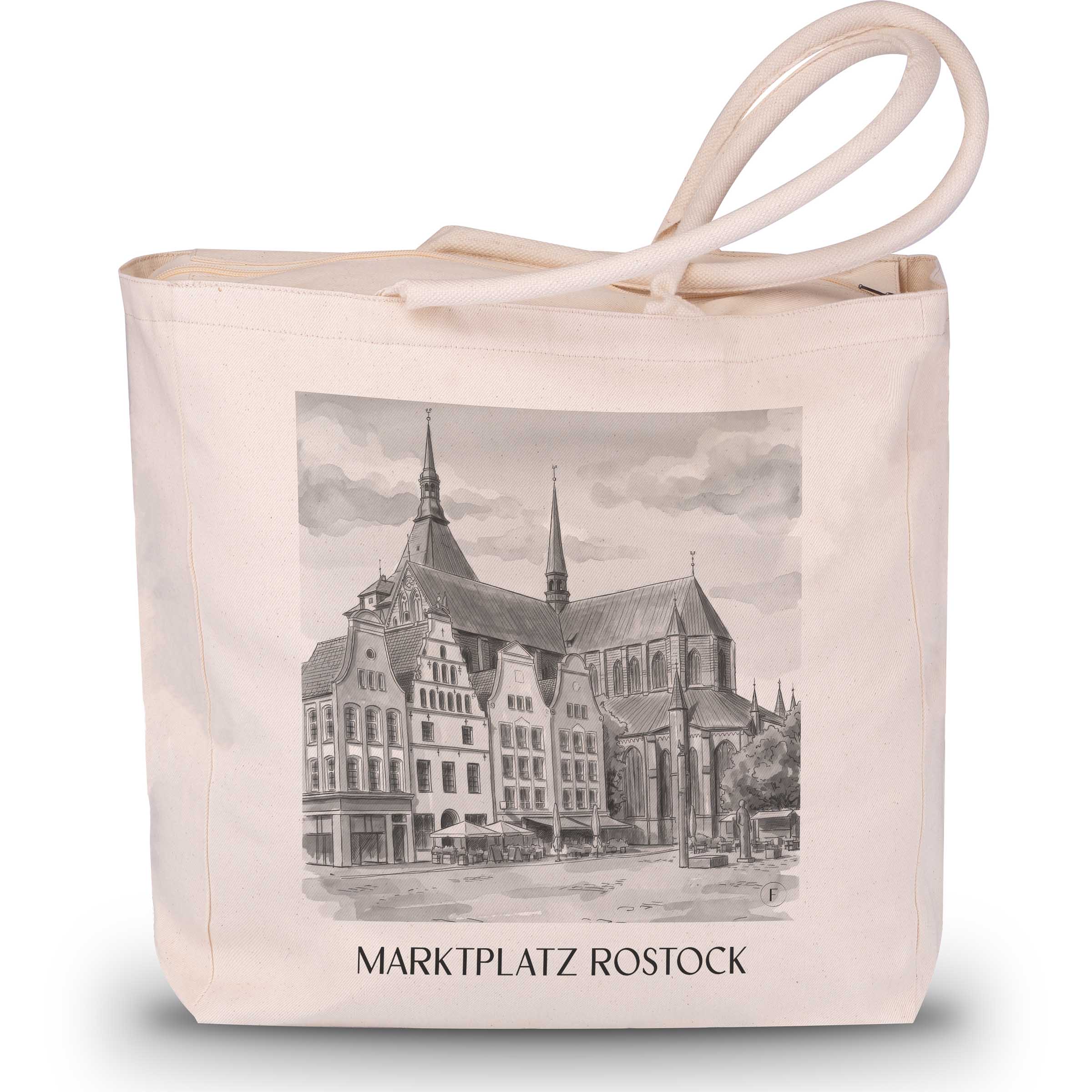 marktplatz-rostock-deutschland-einkaufstasche-aquarell-schwarz-weiss