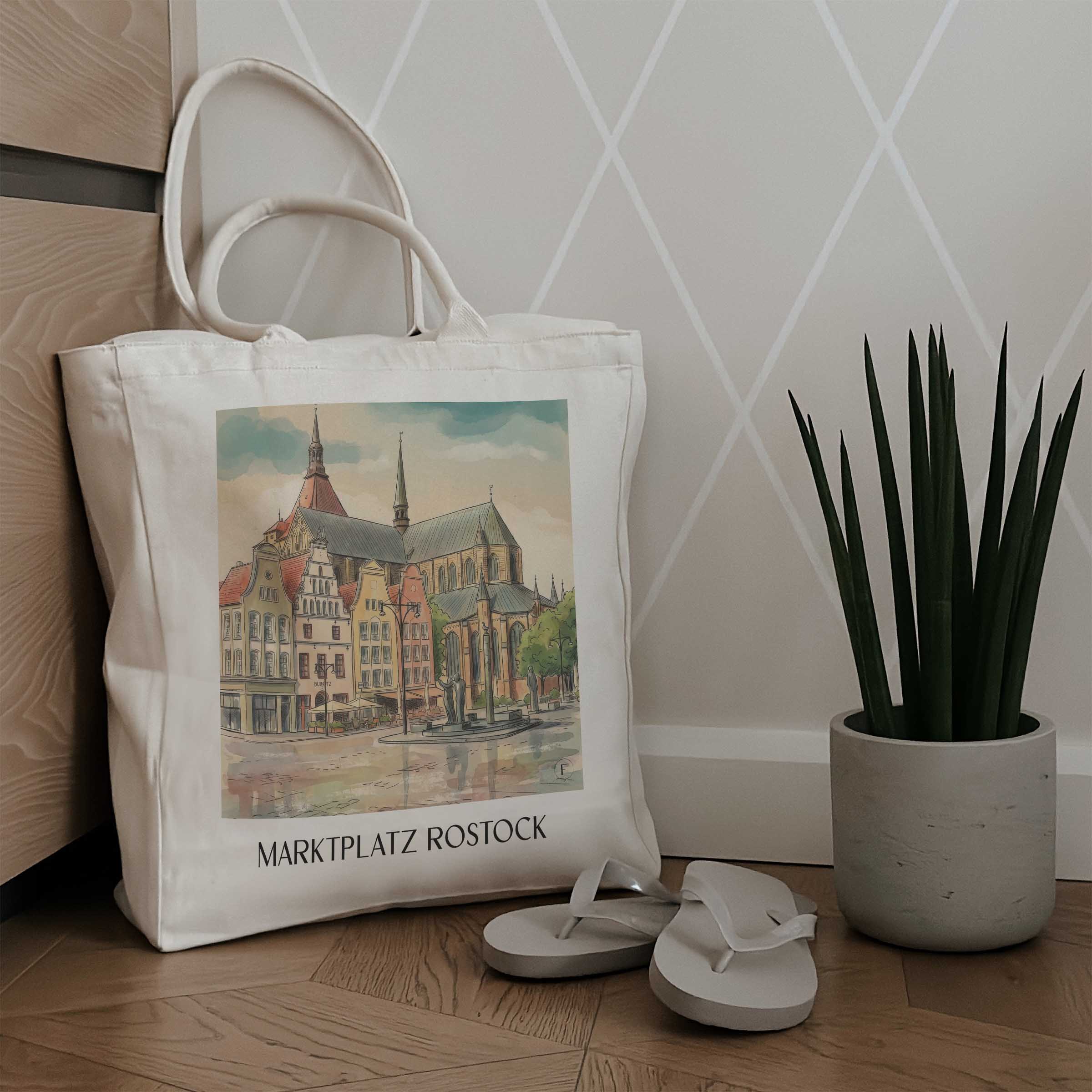 marktplatz-rostock-deutschland-einkaufstasche-aquarell