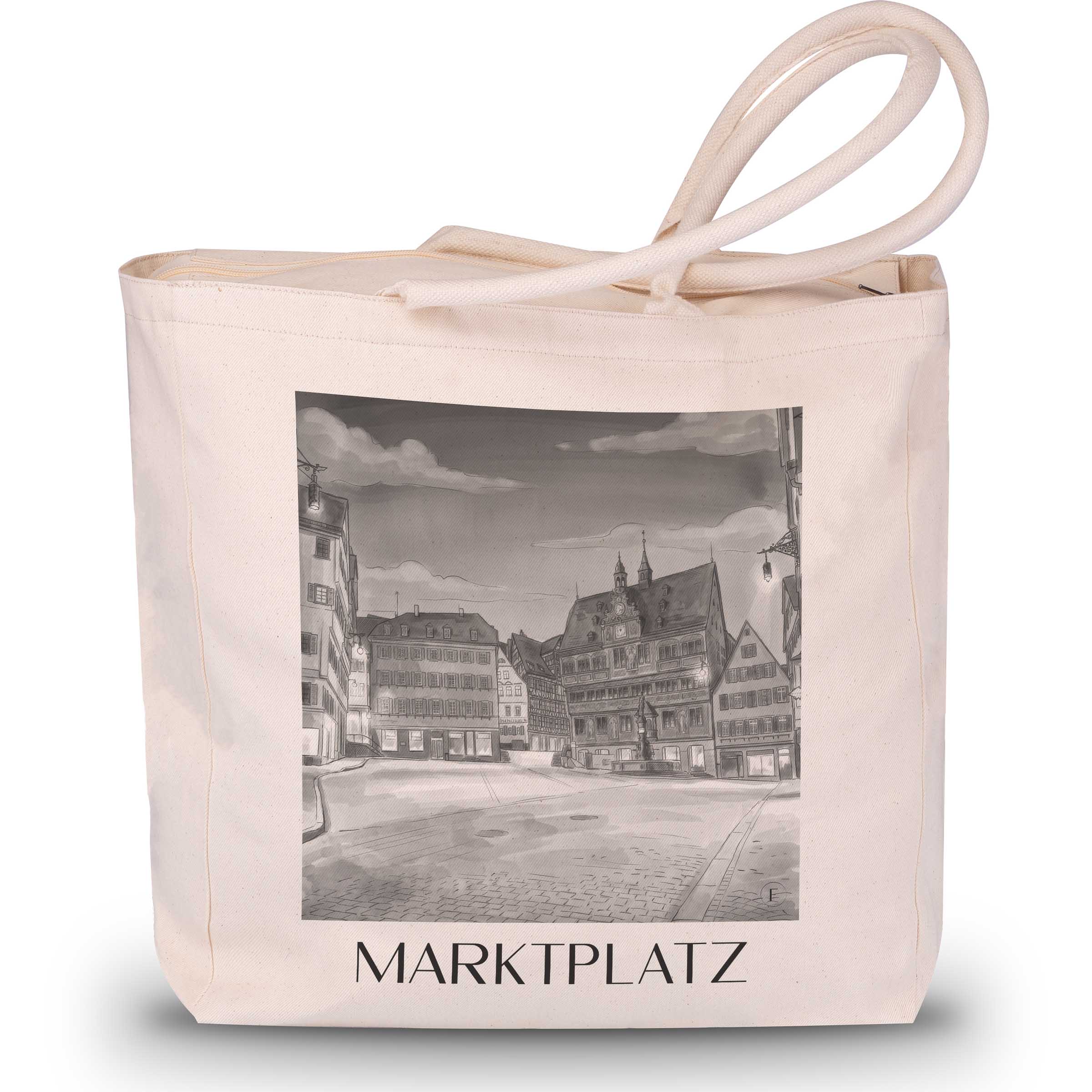 marktplatz-tübingen-deutschland-einkaufstasche-aquarell-schwarz-weiss