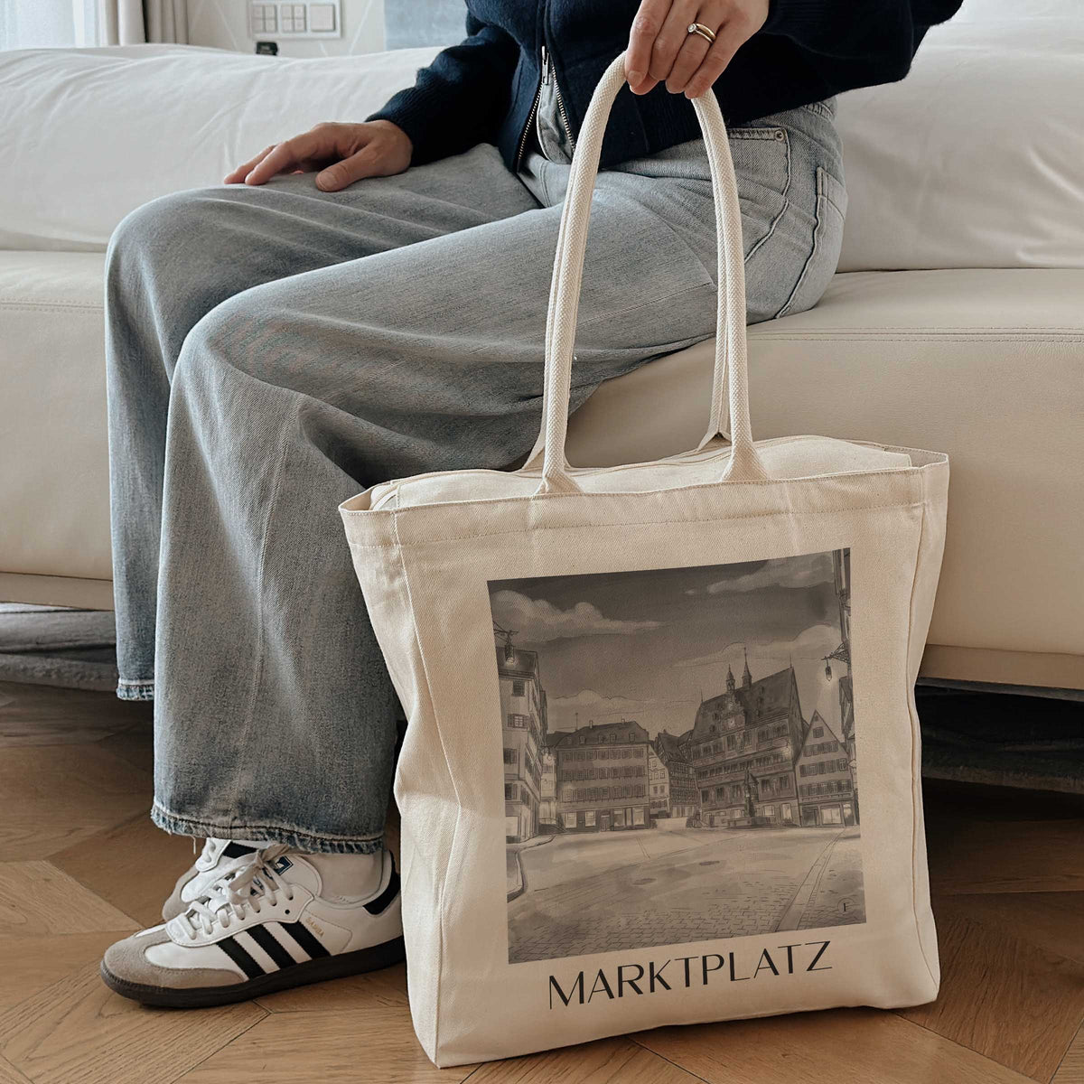 marktplatz-tübingen-deutschland-einkaufstasche-aquarell-schwarz-weiss