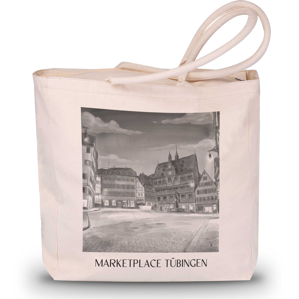 Marktplatz Shopping Tasche - Tübingen - Deutschland Tote Bag - Einkaufstasche im Aquarell Schwarz-Weiß Stil - favplace