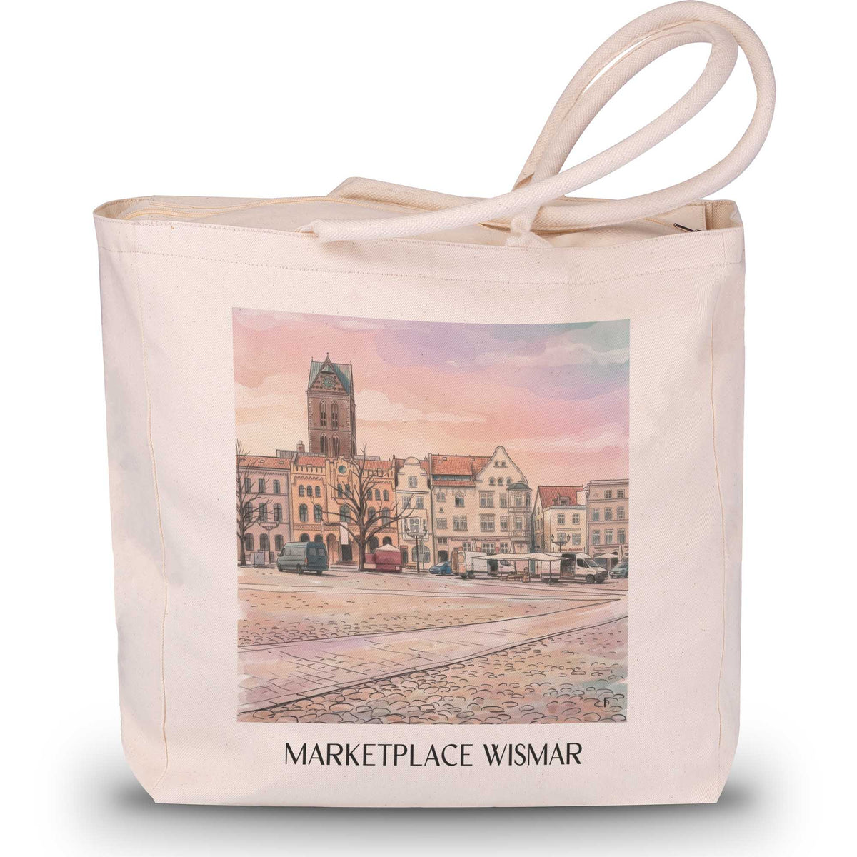 Marktplatz Shopping Tasche - Wismar - Deutschland Tote Bag - Einkaufstasche im Aquarell Stil - favplace