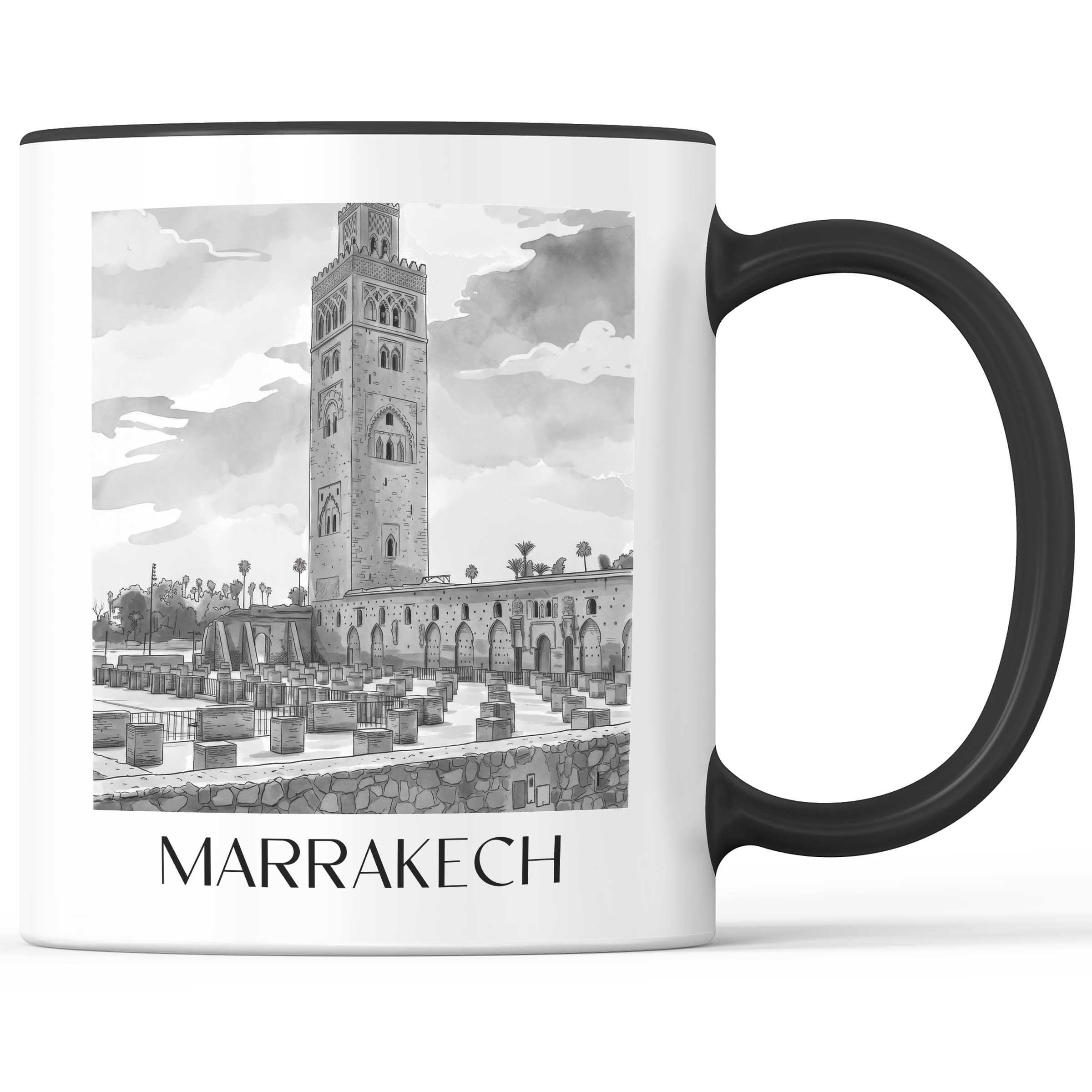Marrakesch - Marokko Becher - Kaffeetasse im Aquarell Schwarz-Weiß Stil - favplace