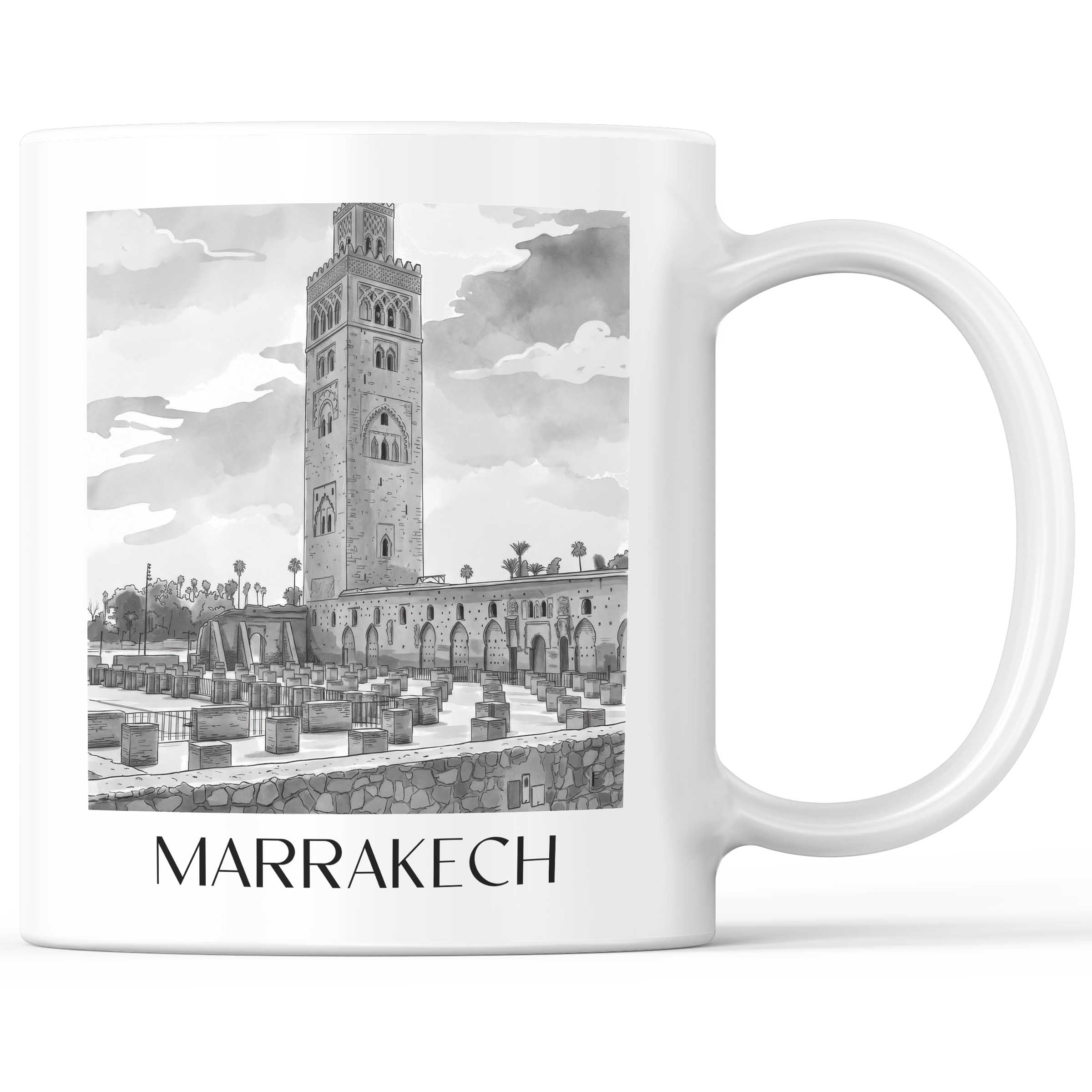Marrakesch - Marokko Becher - Kaffeetasse im Aquarell Schwarz-Weiß Stil - favplace