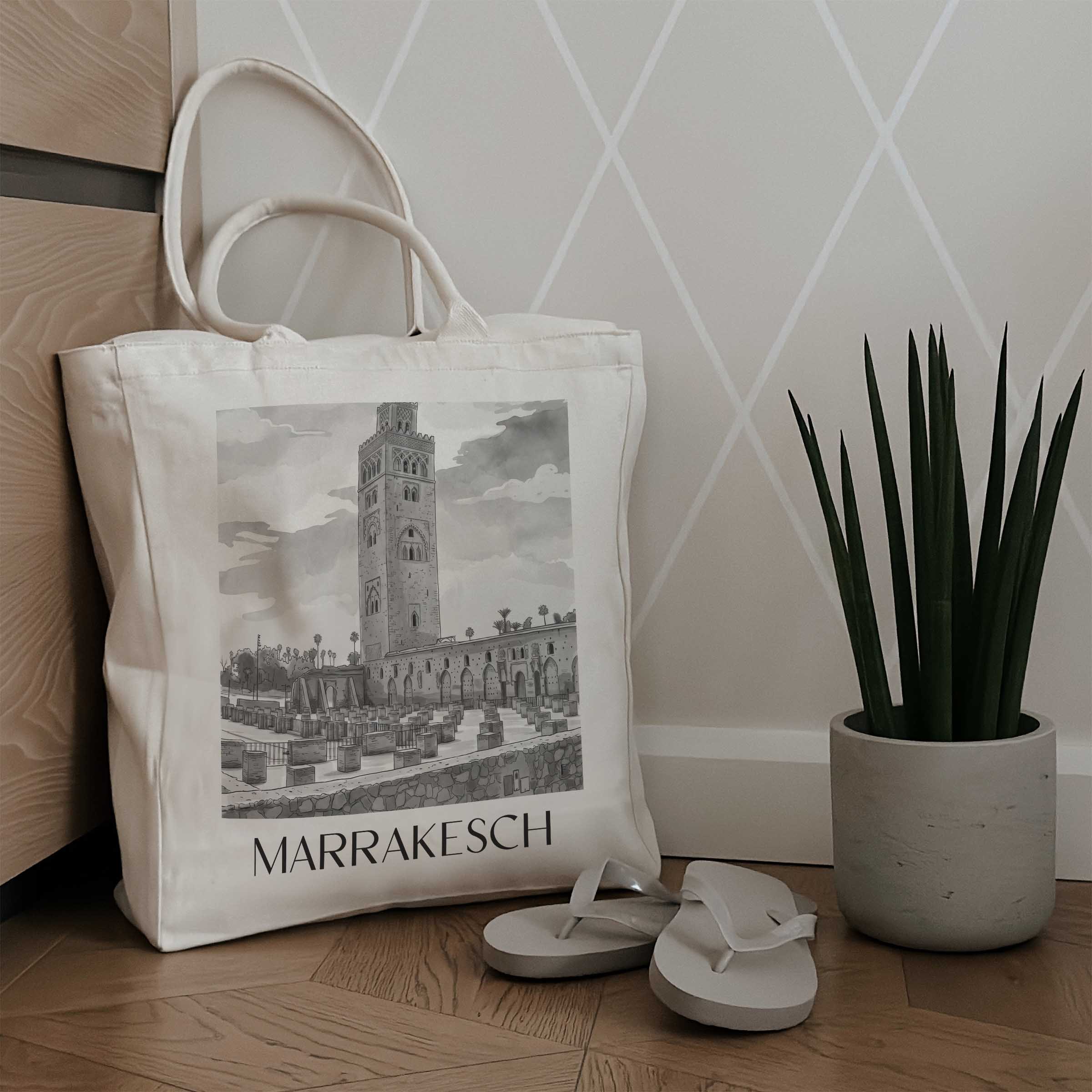 marrakesch-marokko-einkaufstasche-aquarell-schwarz-weiss