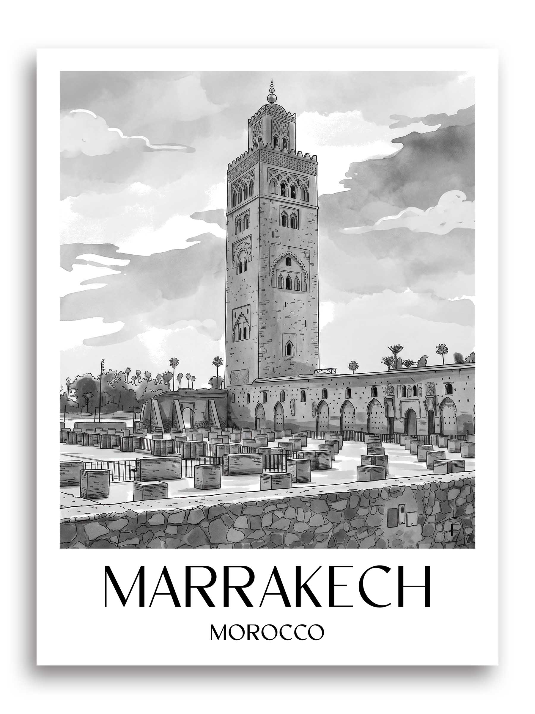 Marrakesch Poster - - Marokko Kunstdruck - Aquarell Schwarz-Weiß von A4 bis A1 - favplace