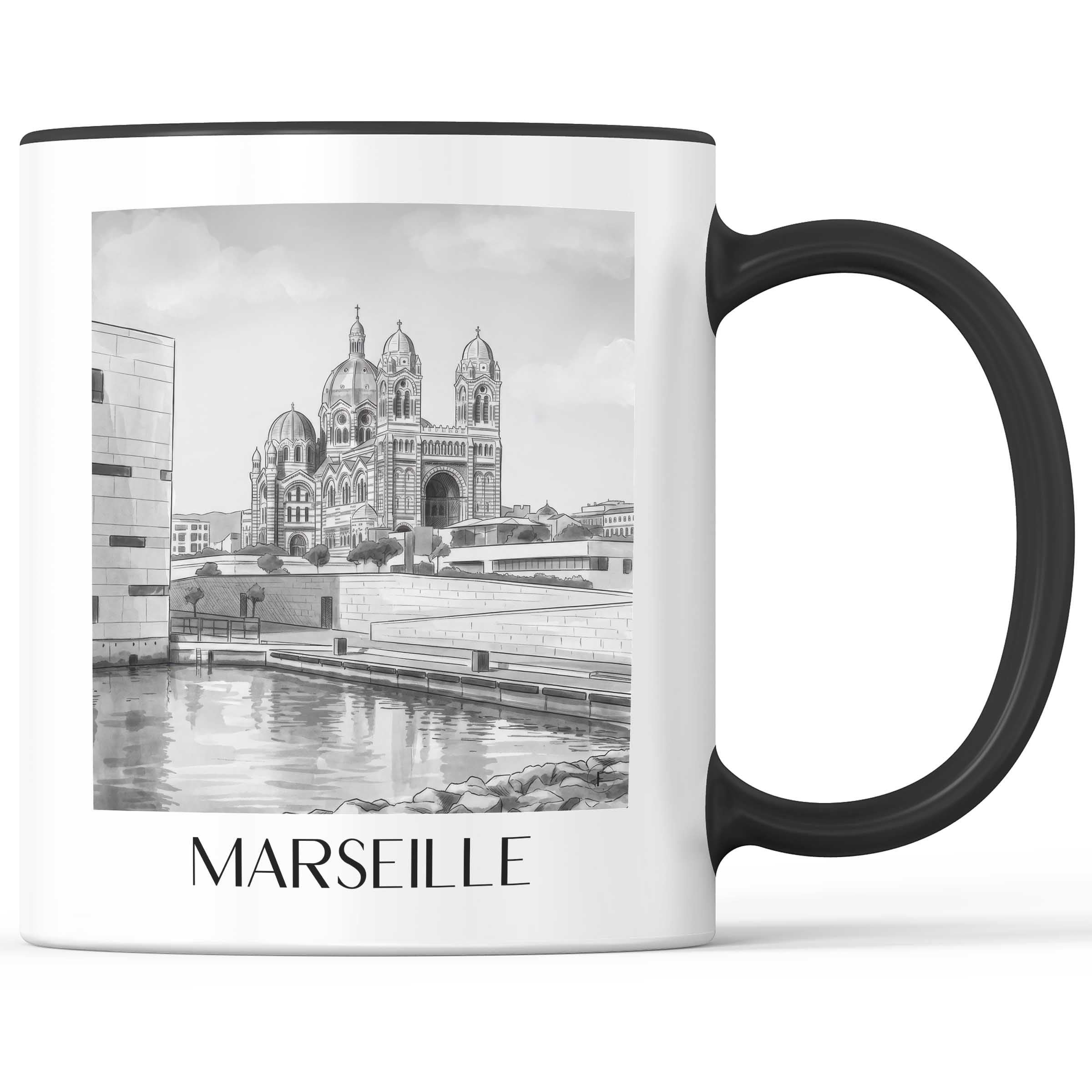 Marseille - Frankreich Becher - Kaffeetasse im Aquarell Schwarz-Weiß Stil - favplace