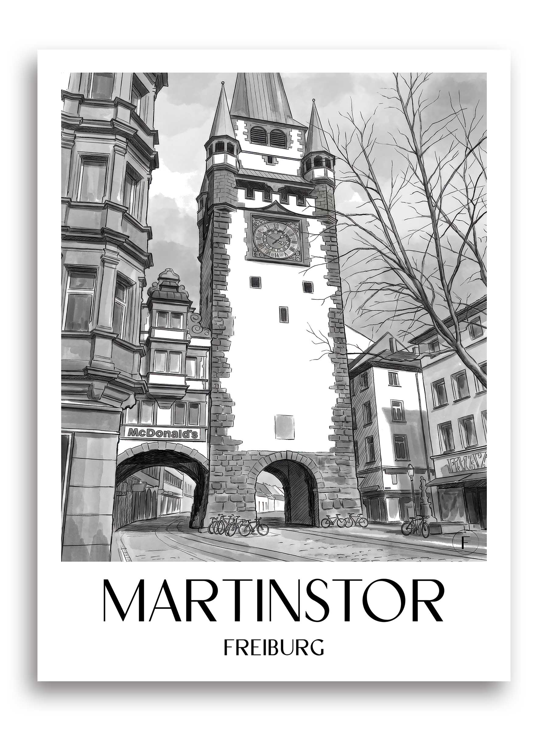 Martinstor Poster - Freiburg - Deutschland Kunstdruck - Aquarell Schwarz-Weiß von A4 bis A1 - favplace