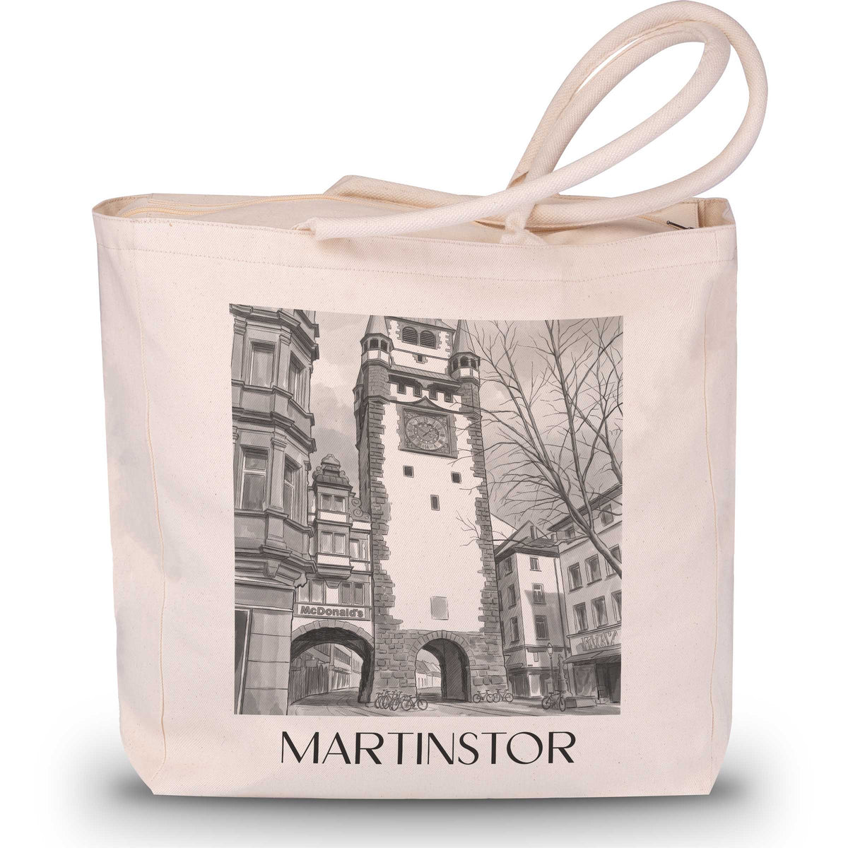 Martinstor Shopping Tasche - Freiburg - Deutschland Tote Bag - Einkaufstasche im Aquarell Schwarz-Weiß Stil - favplace