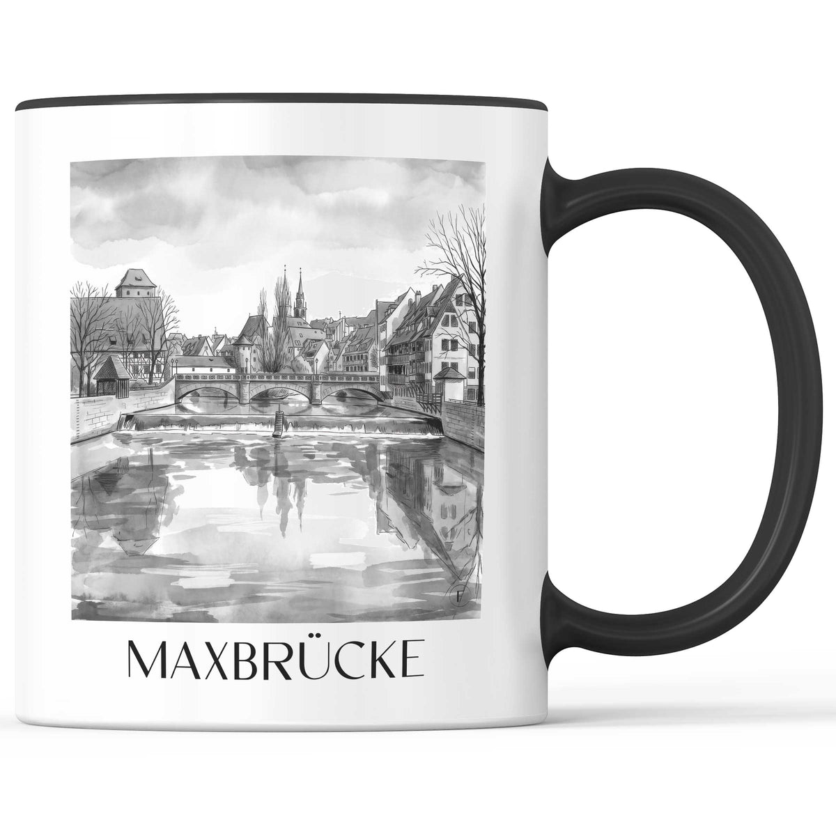 Maxbrücke Kaffeebecher - Nürnberg - Deutschland Becher - Kaffeetasse im Aquarell Schwarz-Weiß Stil - favplace