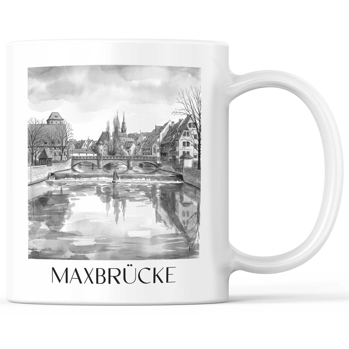 Maxbrücke Kaffeebecher - Nürnberg - Deutschland Becher - Kaffeetasse im Aquarell Schwarz-Weiß Stil - favplace