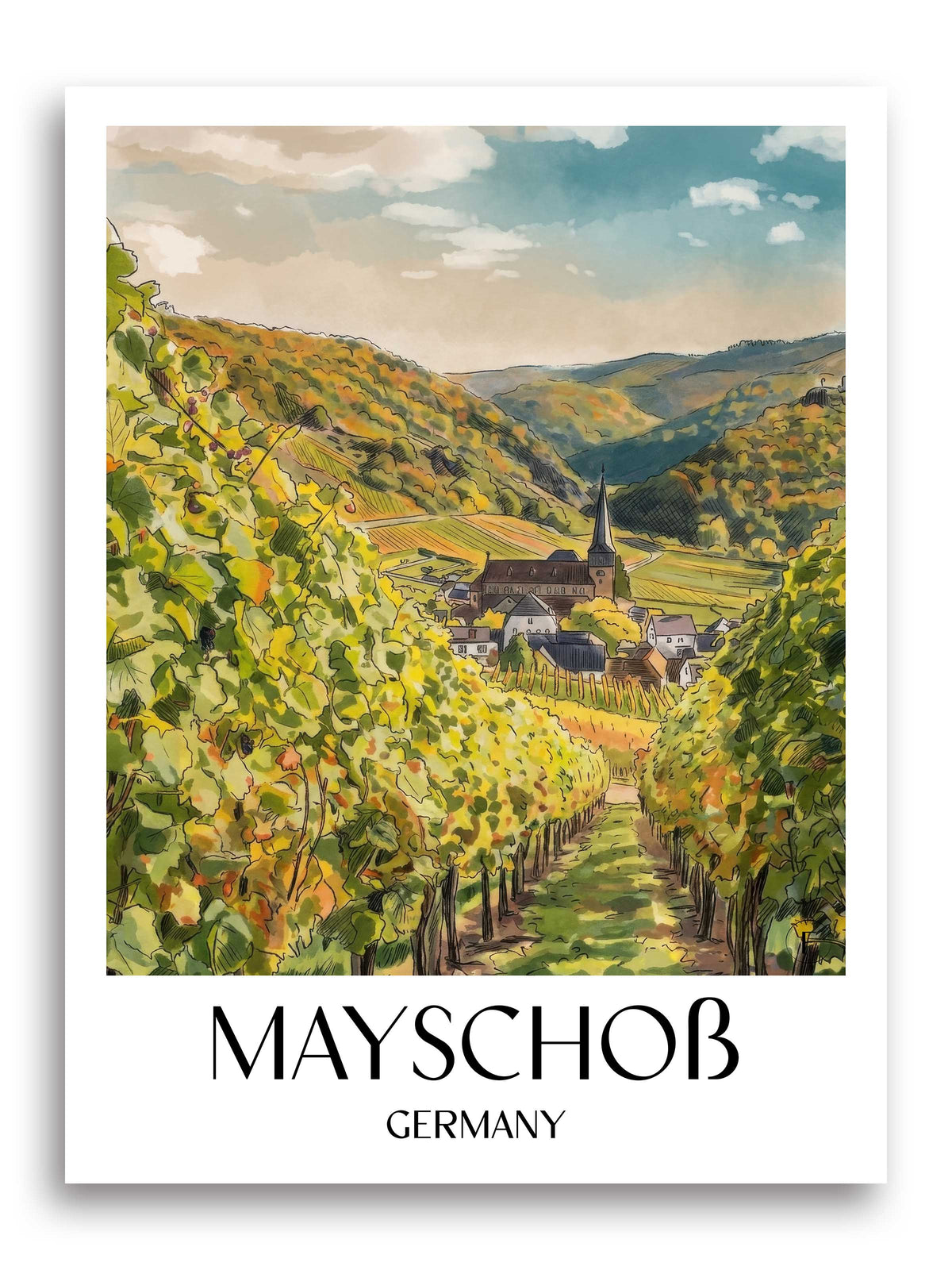 Mayschoß Poster - Ahrtal - Deutschland Kunstdruck - Aquarell von A4 bis A1 - favplace