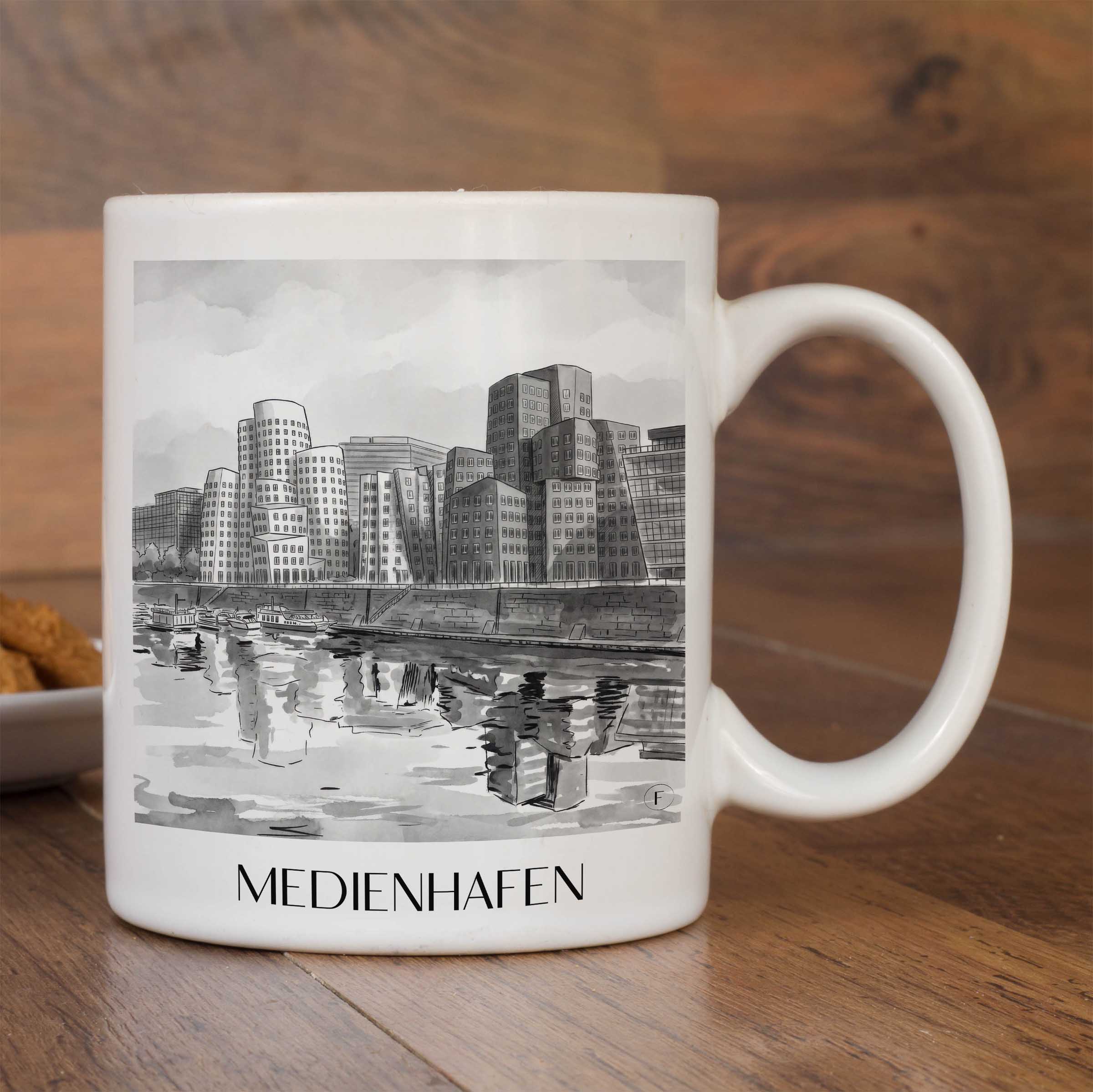 medienhafen-düsseldorf-deutschland-kaffeebecher-aquarell-schwarz-weiss