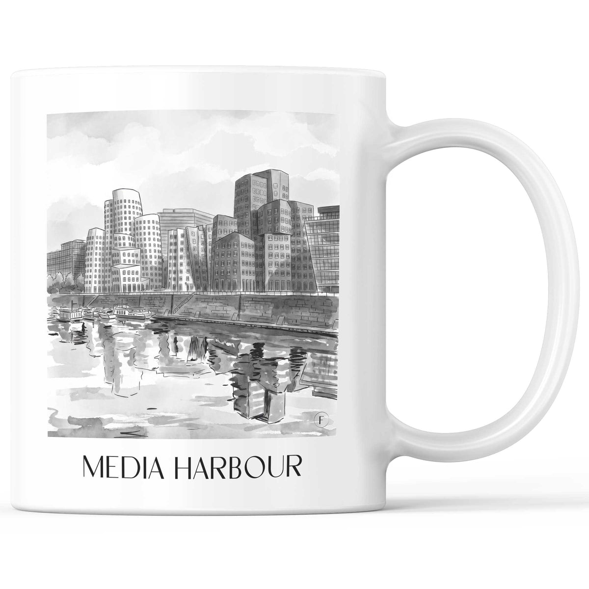 Medienhafen Kaffeebecher - Düsseldorf - Deutschland Becher - Kaffeetasse im Aquarell Schwarz-Weiß Stil - favplace
