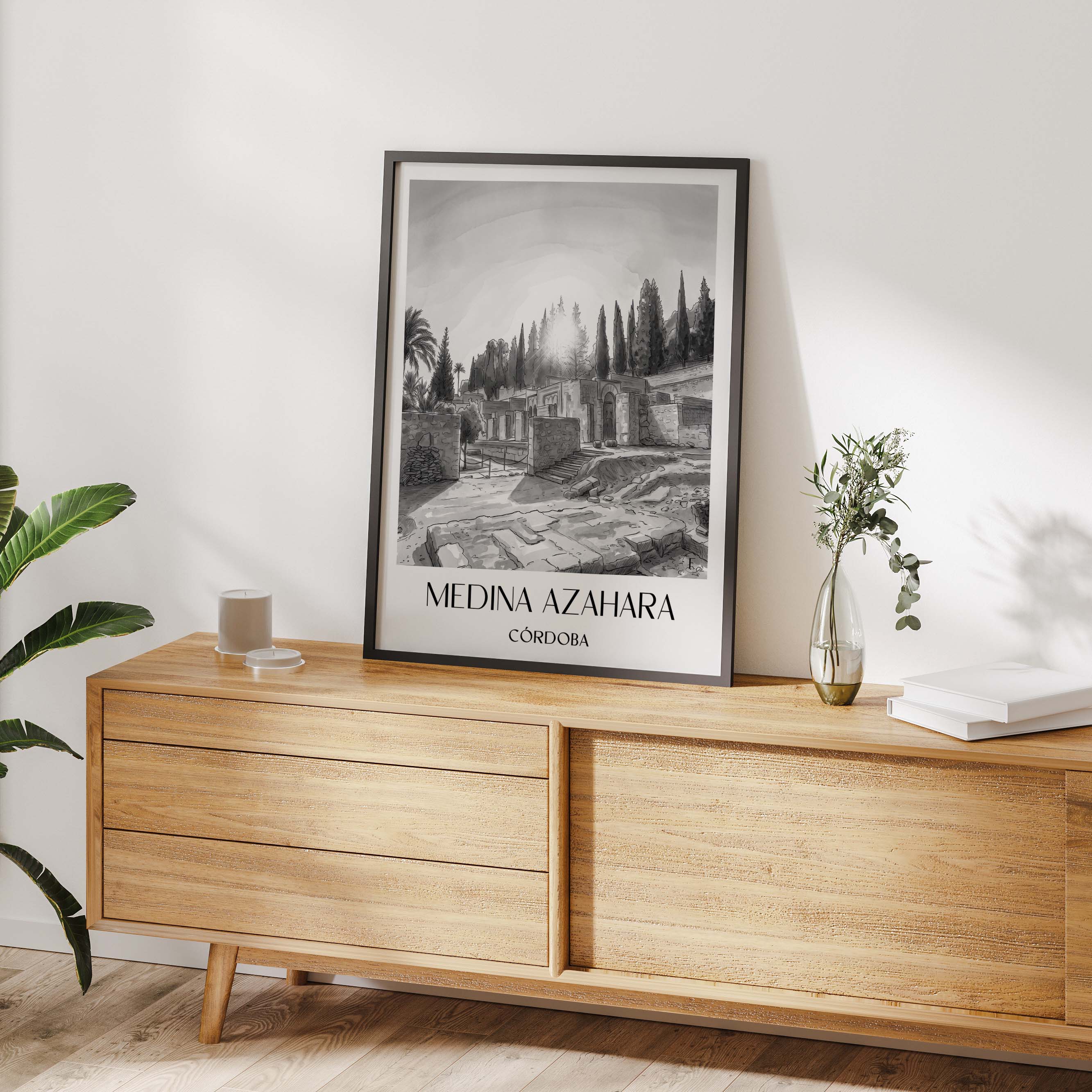 medina-azahara-córdoba-spanien-poster-aquarell-schwarz-weiss