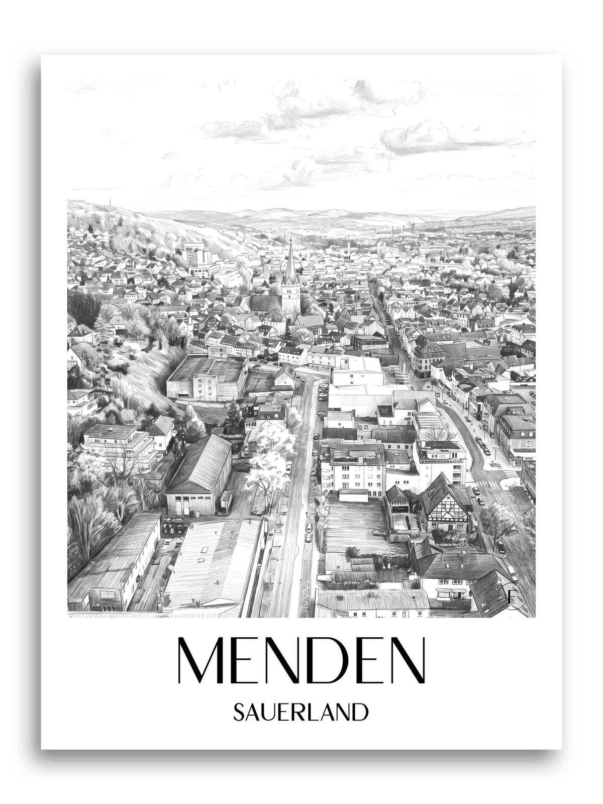 Menden Poster - Sauerland - Deutschland Kunstdruck - Zeichnung von A4 bis A1