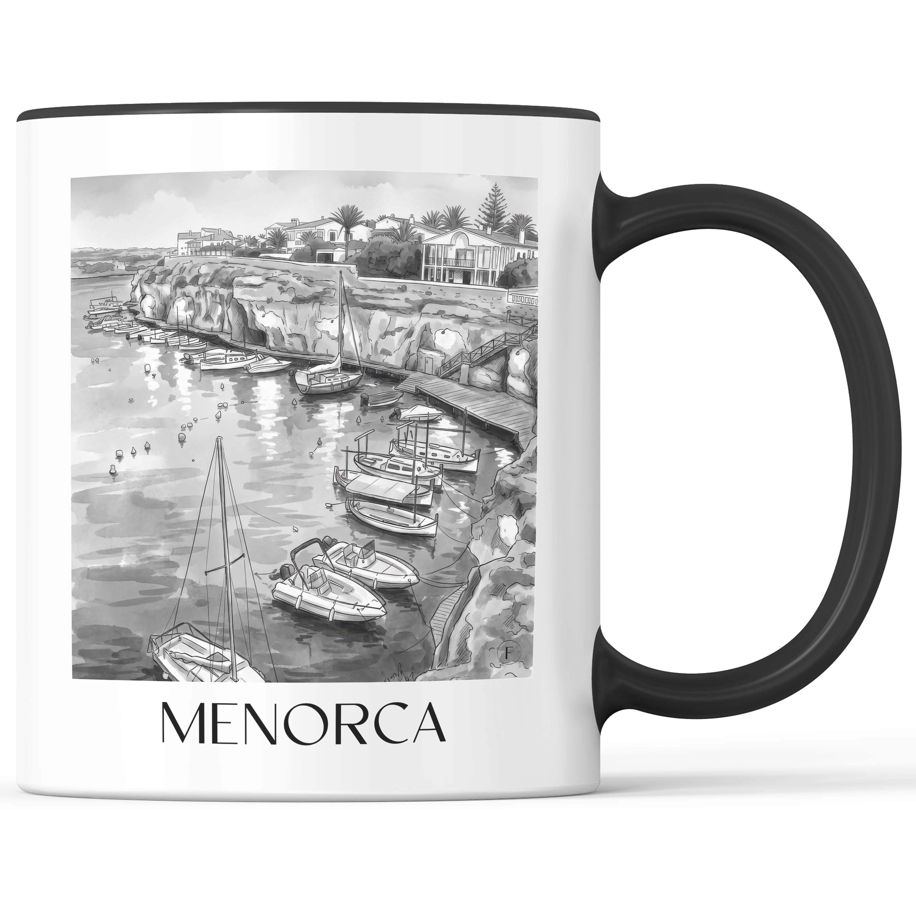 Menorca Kaffeebecher - Spanien - Spanien Becher - Kaffeetasse im Aquarell Schwarz-Weiß Stil - favplace