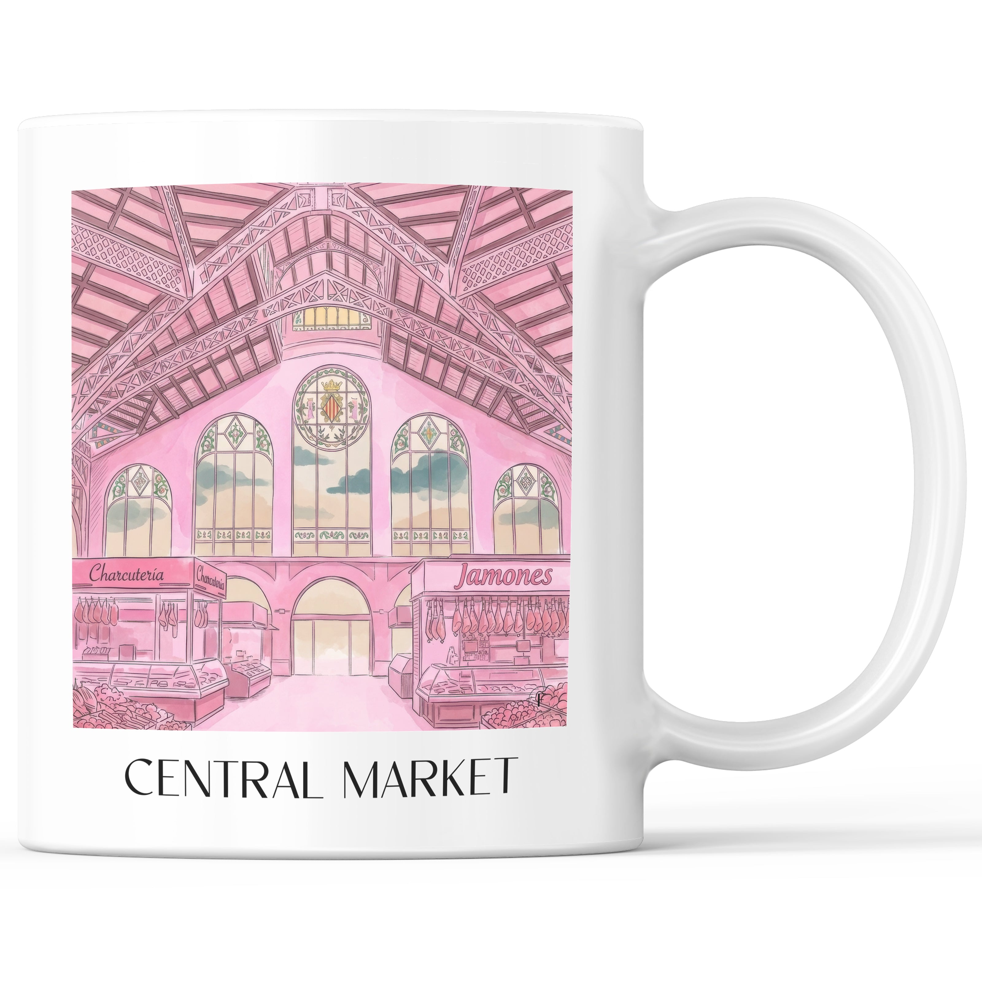 Mercat Central Kaffeebecher - Valencia - Spanien Becher - Kaffeetasse im Aquarell Pink Stil - favplace