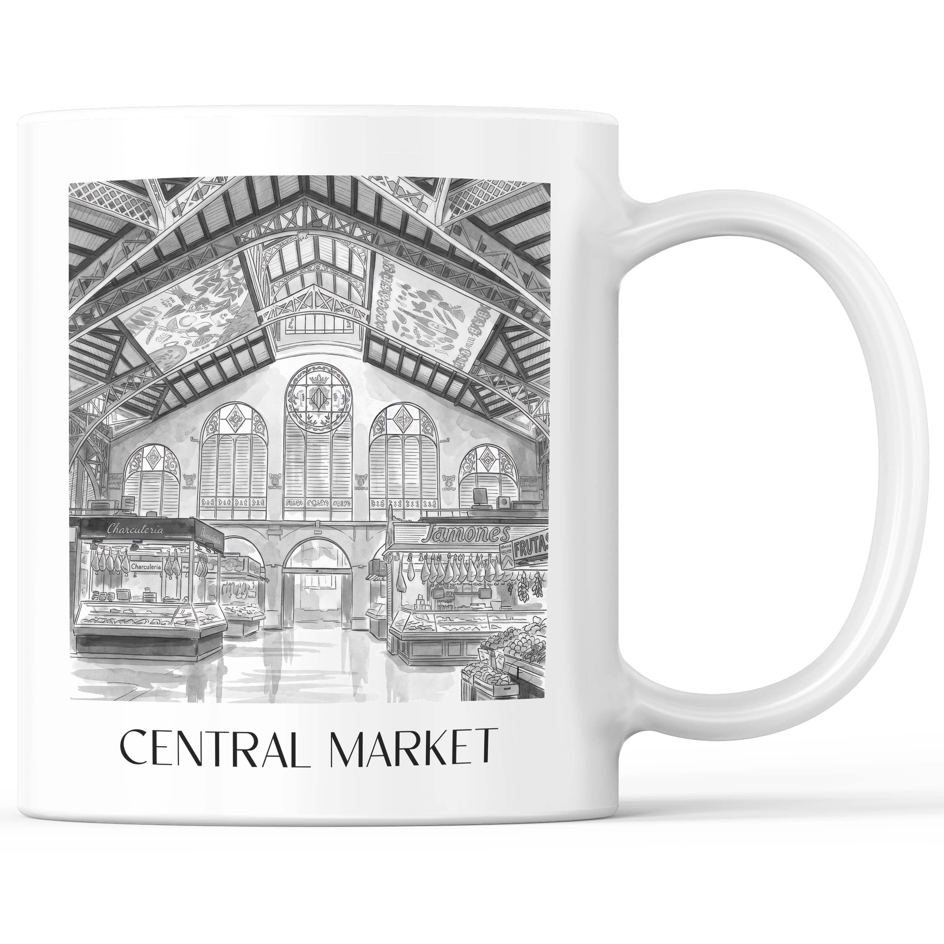 Mercat Central Kaffeebecher - Valencia - Spanien Becher - Kaffeetasse im Aquarell Schwarz-Weiß Stil - favplace
