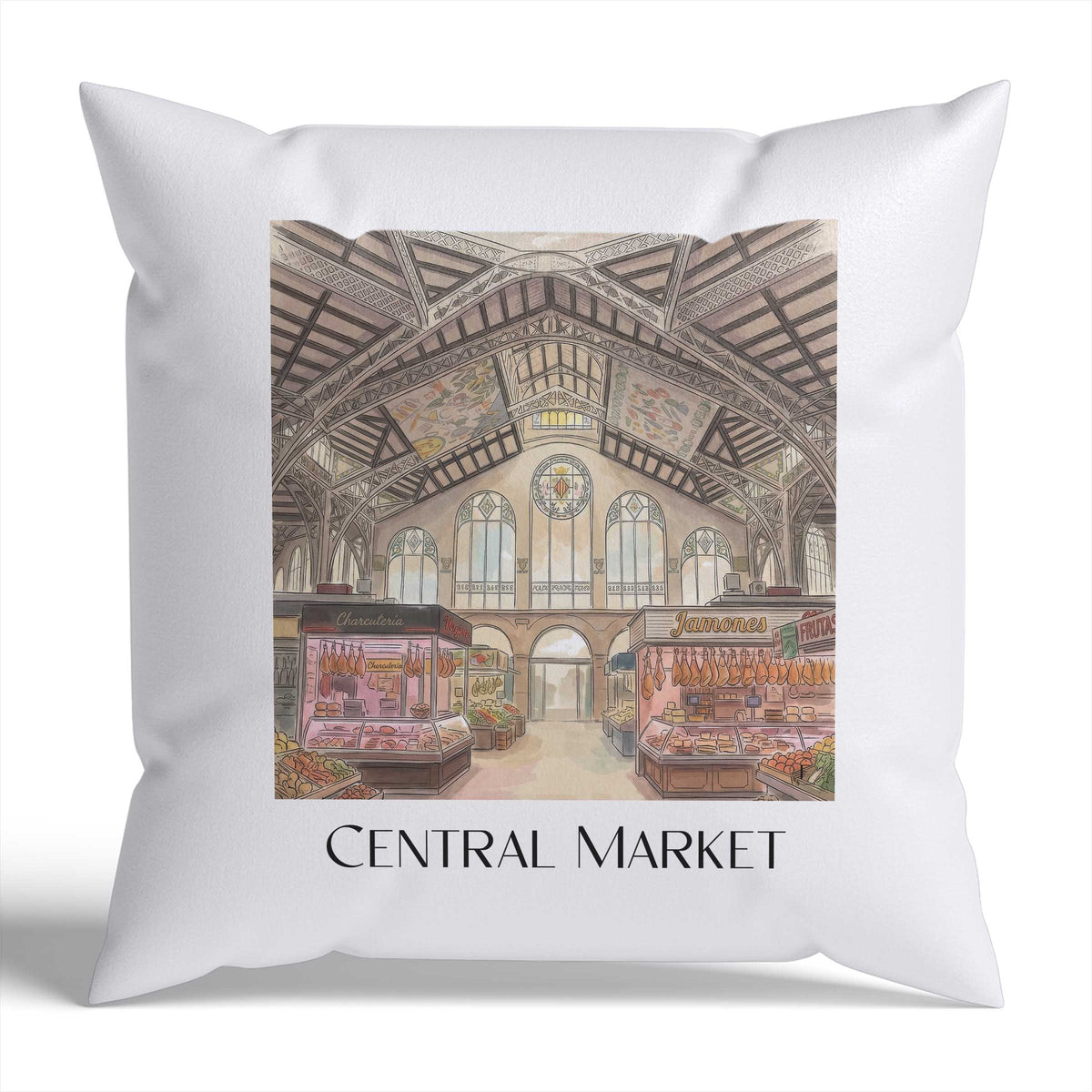 Mercat Central Kissenhülle - Zierkissen Bezug - Valencia - Spanien Kissen bzw. Kissenbezug im Aquarell Stil - favplace