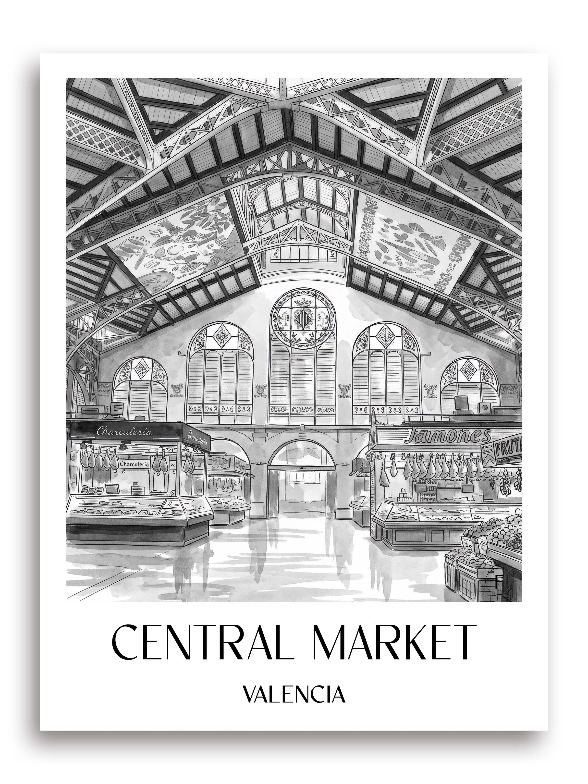 Mercat Central Poster - Valencia - Spanien Kunstdruck - Aquarell Schwarz-Weiß von A4 bis A1 - favplace