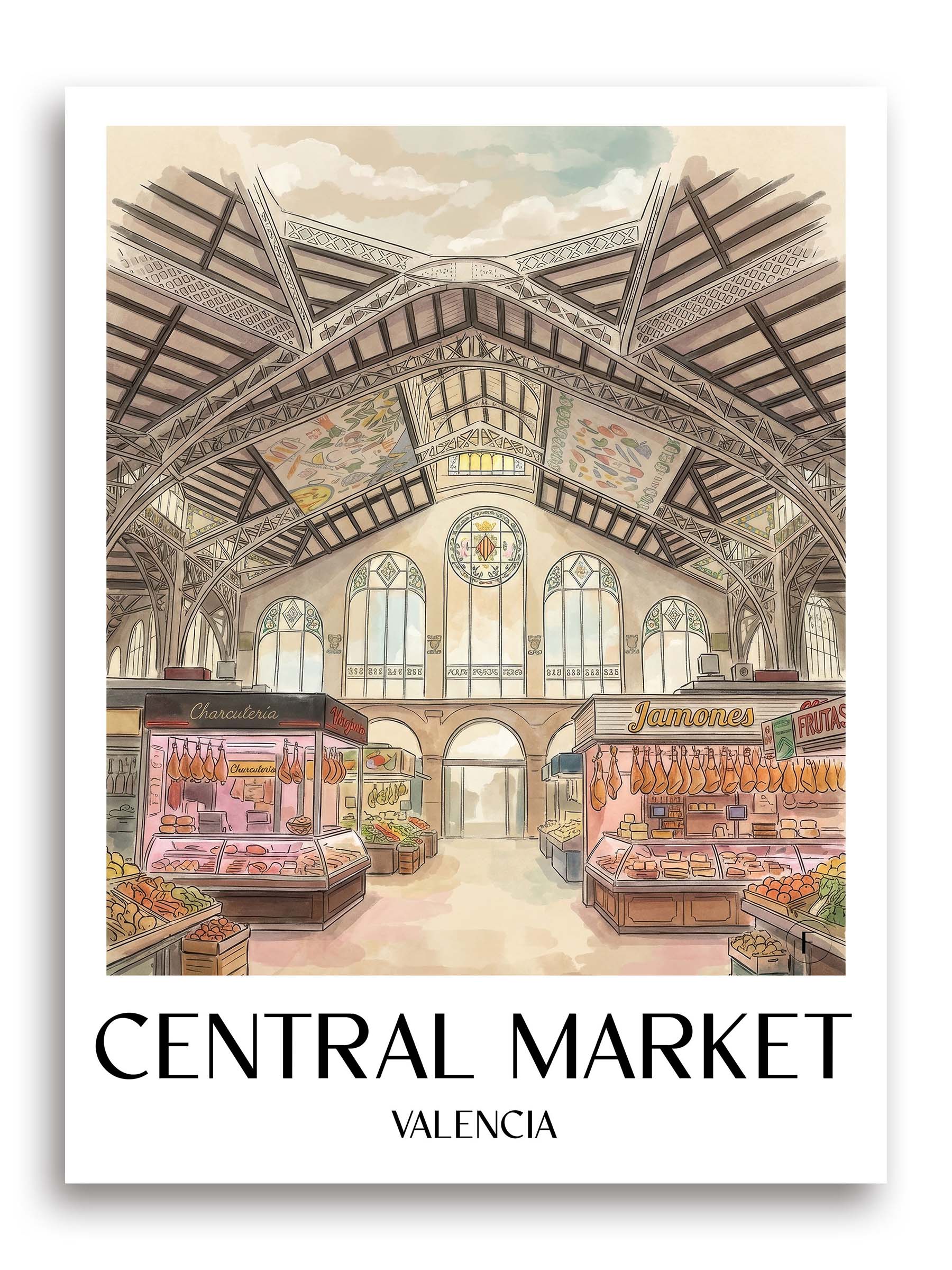 Mercat Central Poster - Valencia - Spanien Kunstdruck - Aquarell von A4 bis A1 - favplace