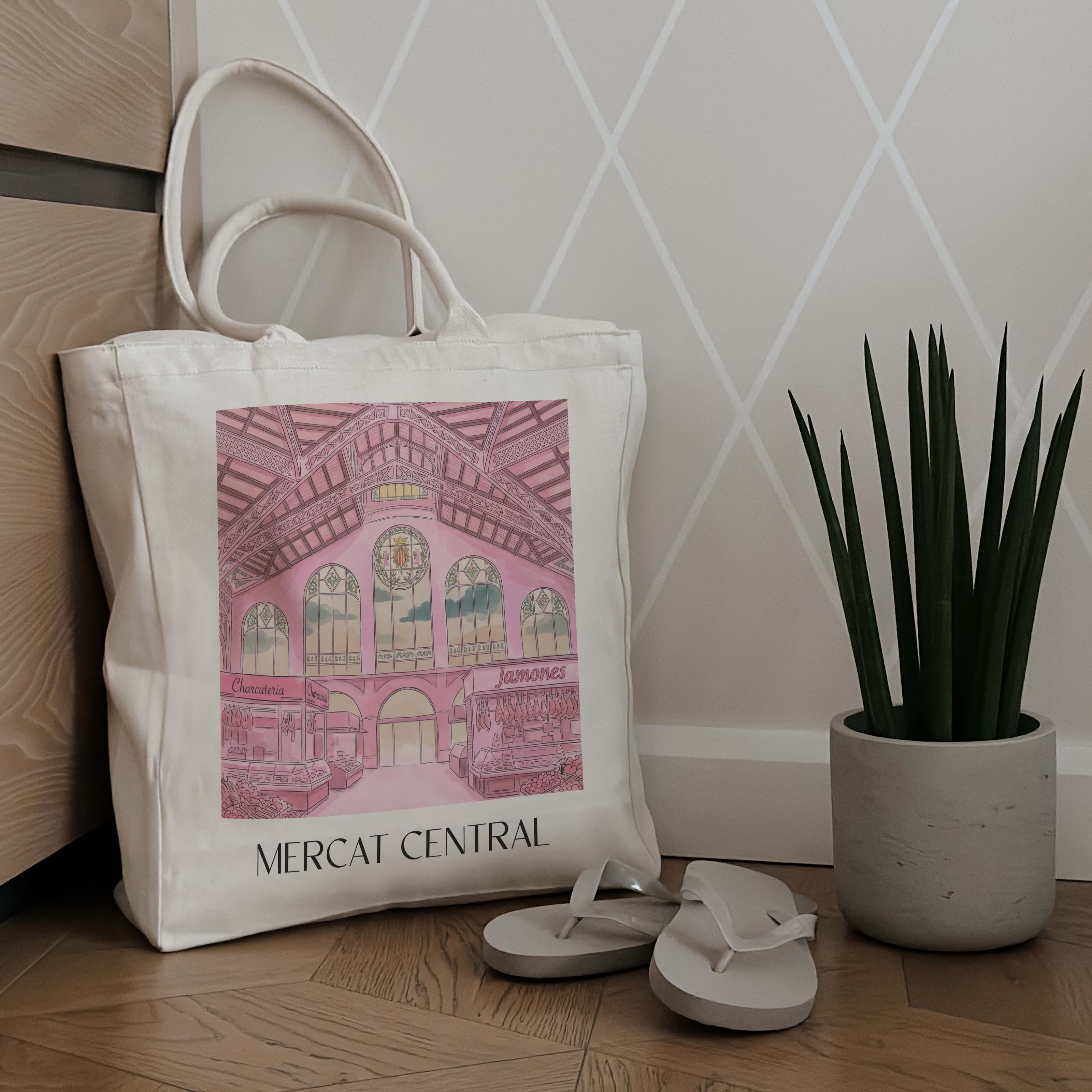 mercat-central-valencia-spanien-einkaufstasche-aquarell-pink-rosa