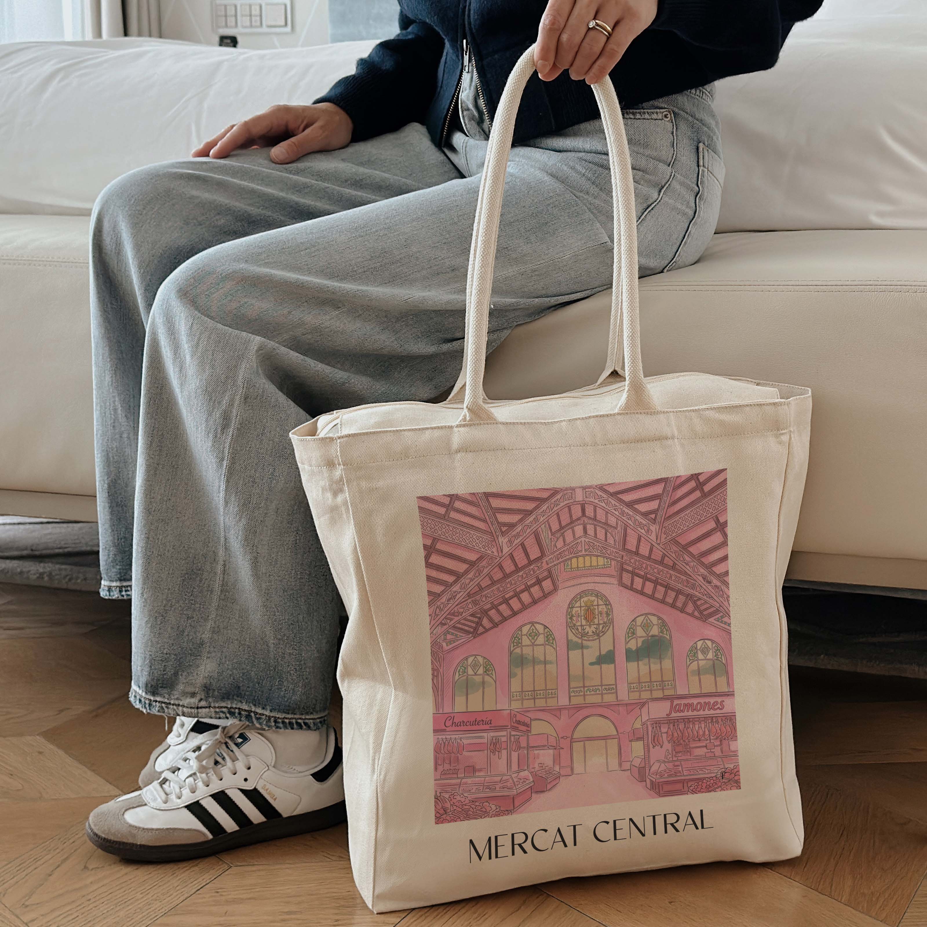 mercat-central-valencia-spanien-einkaufstasche-aquarell-pink-rosa