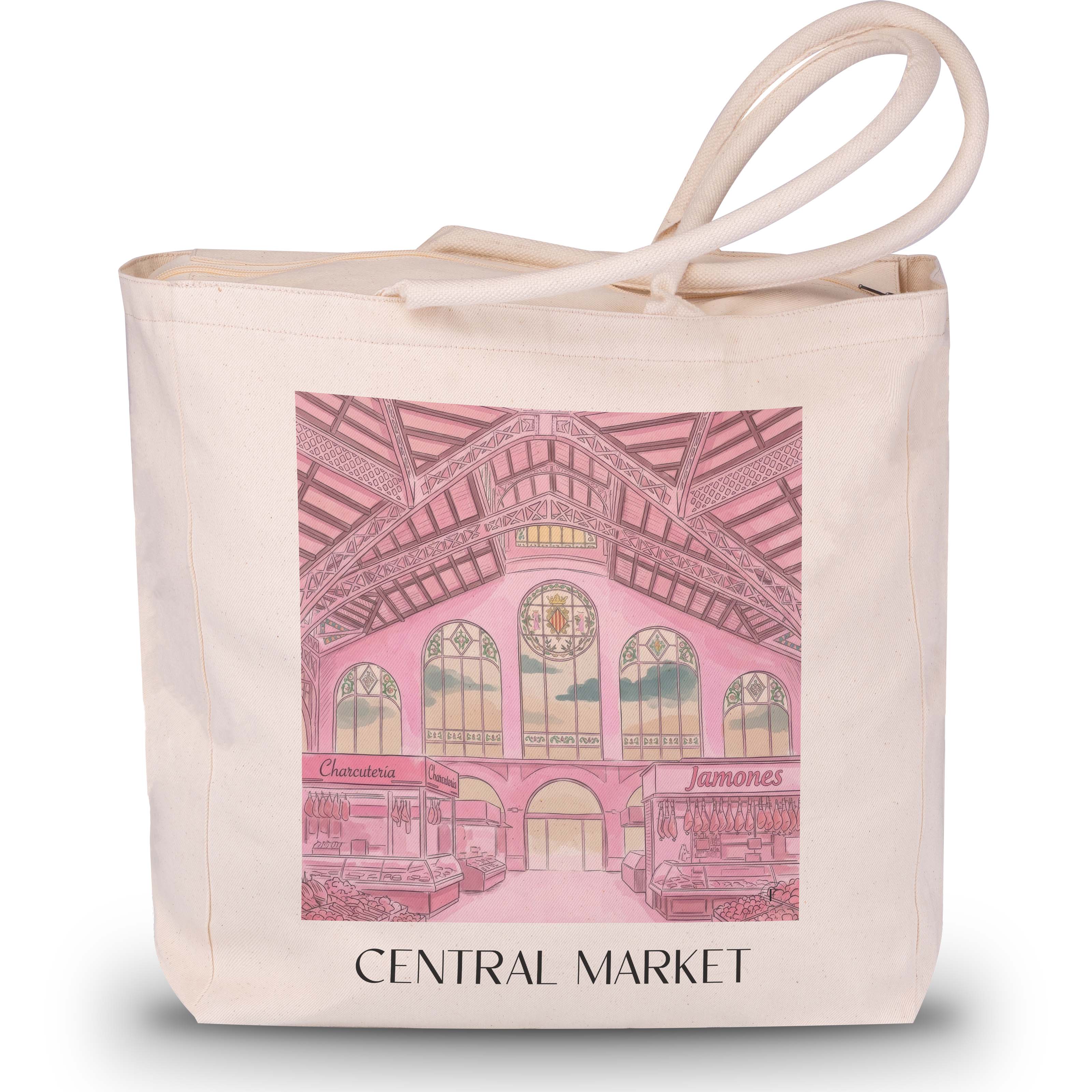 Mercat Central Shopping Tasche - Valencia - Spanien Tote Bag - Einkaufstasche im Aquarell Pink Stil - favplace