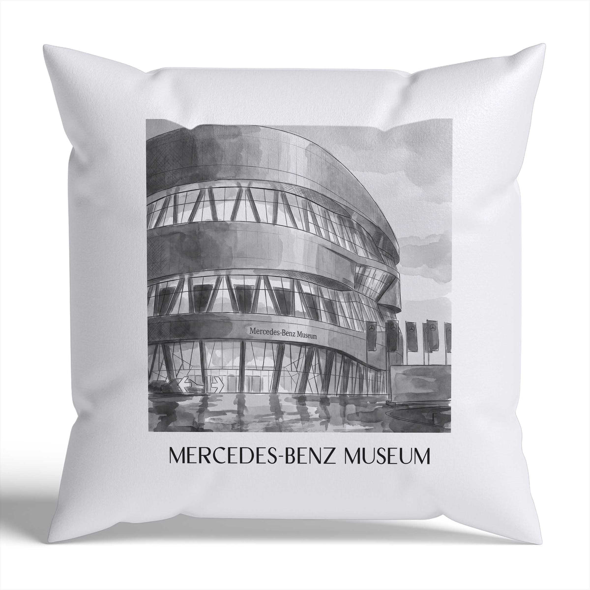 Mercedes-Benz Museum Kissenhülle - Zierkissen Bezug - Stuttgart - Deutschland Kissen bzw. Kissenbezug im Aquarell Schwarz-Weiß Stil - favplace
