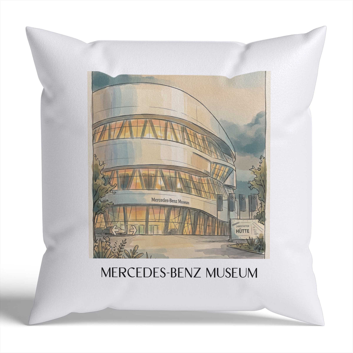 Mercedes-Benz Museum Kissenhülle - Zierkissen Bezug - Stuttgart - Deutschland Kissen bzw. Kissenbezug im Aquarell Stil - favplace