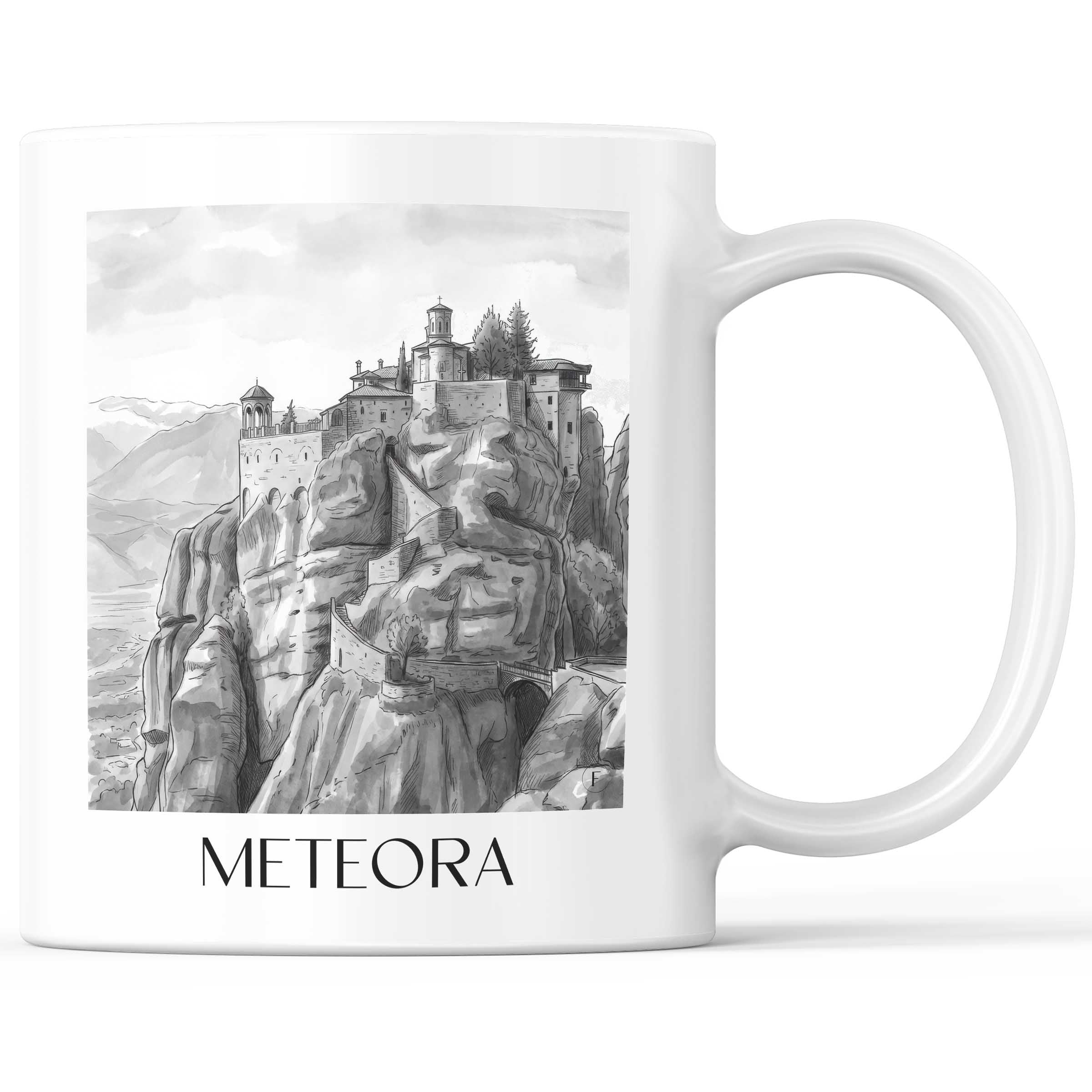 Meteora Kaffeebecher - Griechenland - Griechenland Becher - Kaffeetasse im Aquarell Schwarz-Weiß Stil - favplace