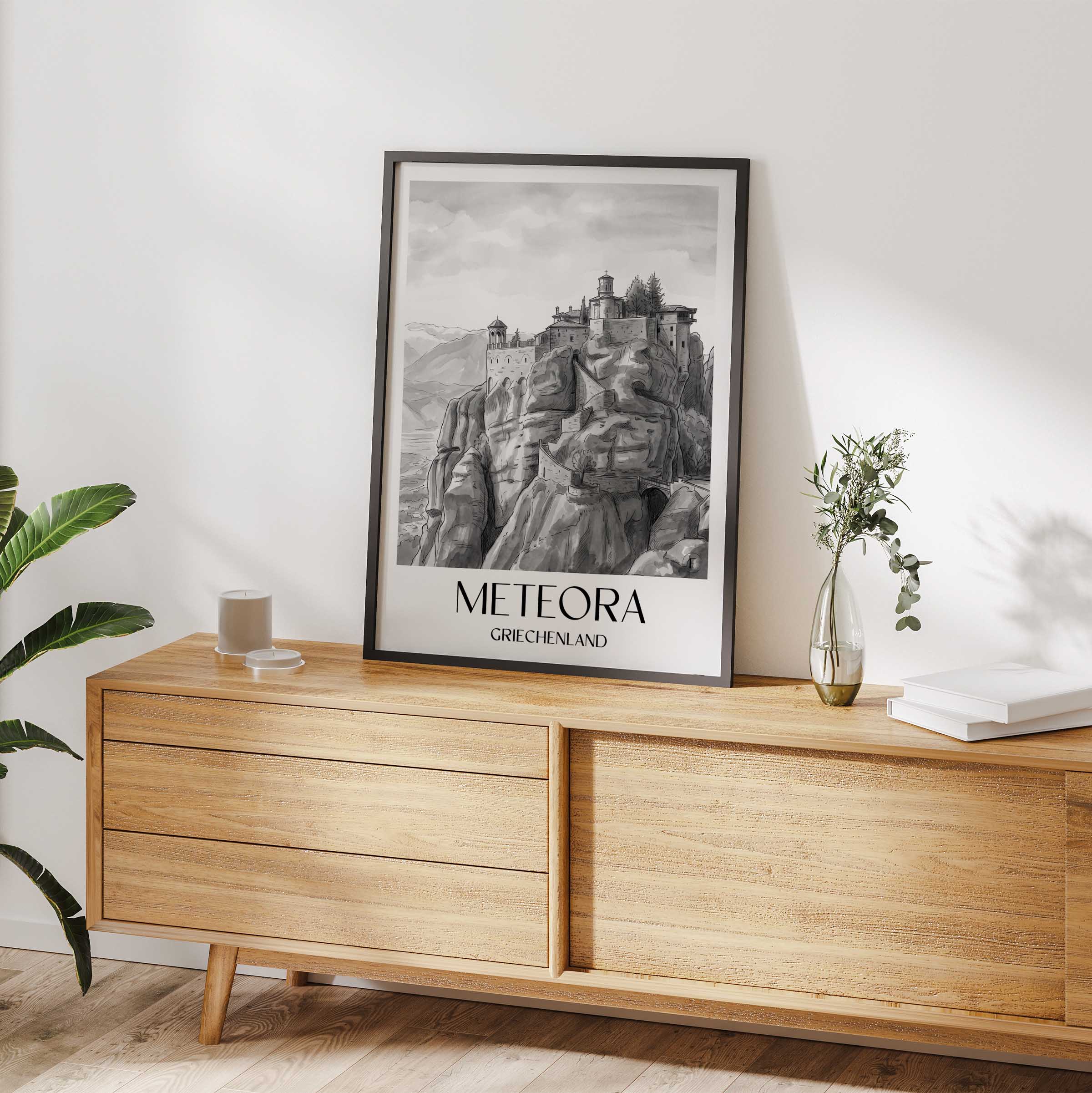 meteora-griechenland-griechenland-poster-aquarell-schwarz-weiss