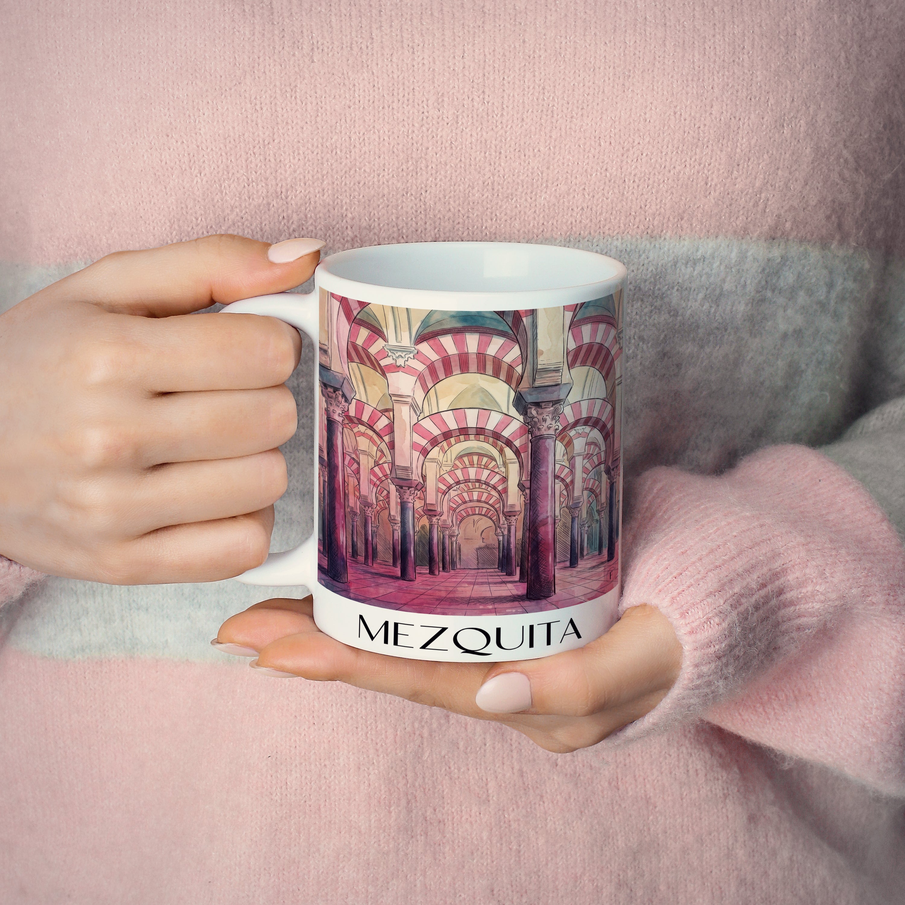 mezquita-córdoba-spanien-kaffeebecher-aquarell-pink-rosa