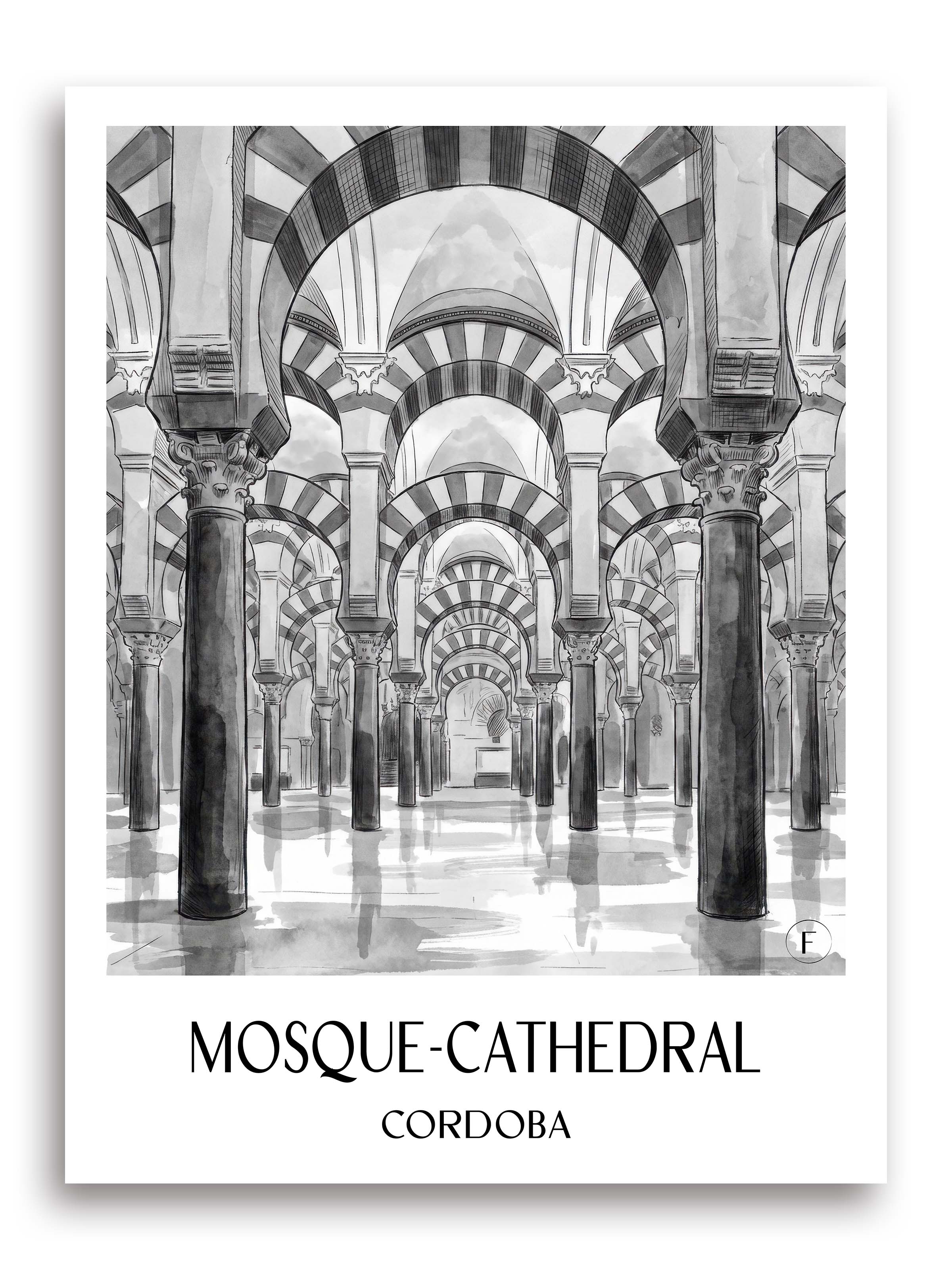Mezquita Poster - Córdoba - Spanien Kunstdruck - Aquarell Schwarz-Weiß von A4 bis A1 - favplace