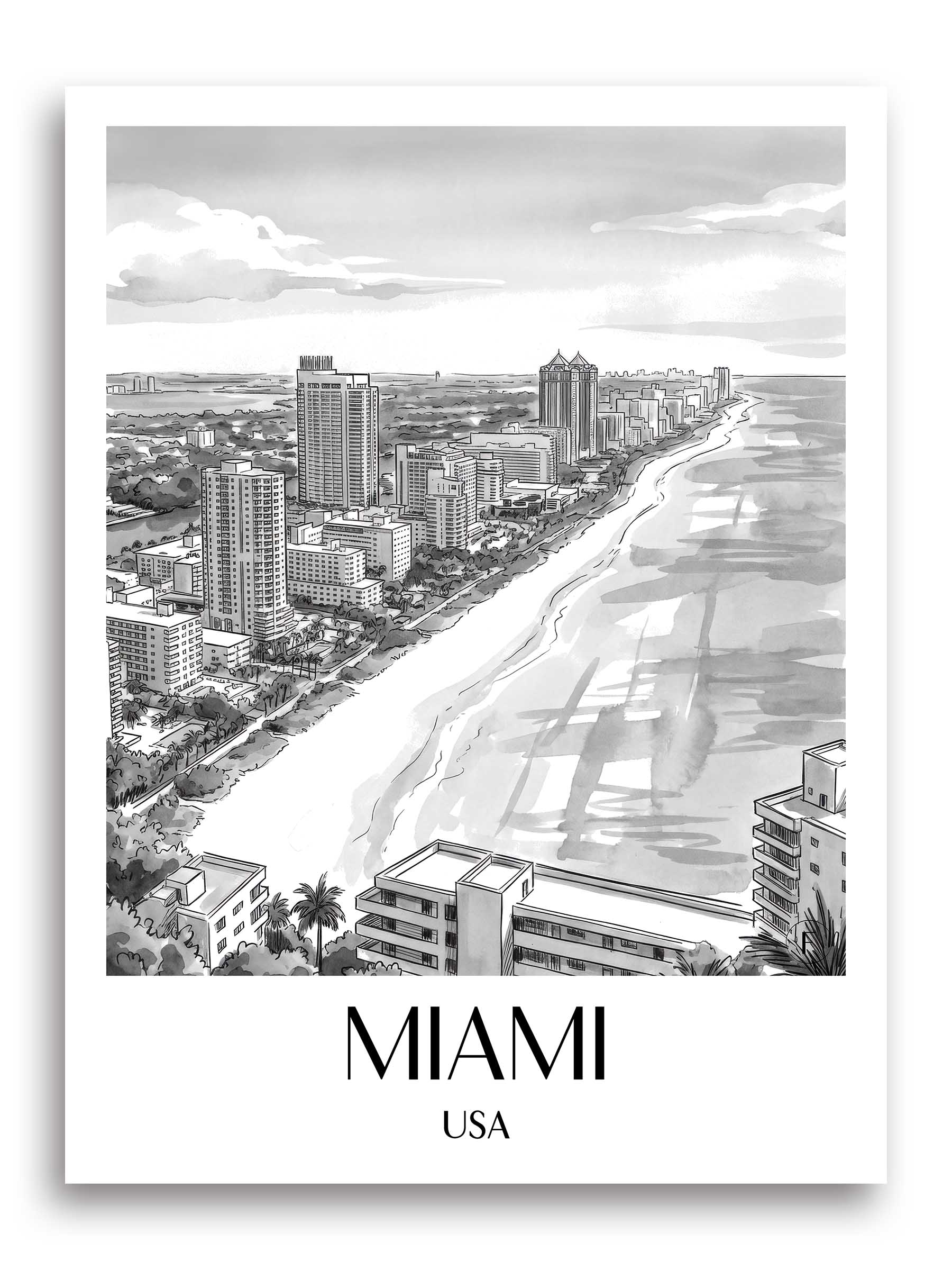 miami-usa-poster-aquarell-schwarz-weiss