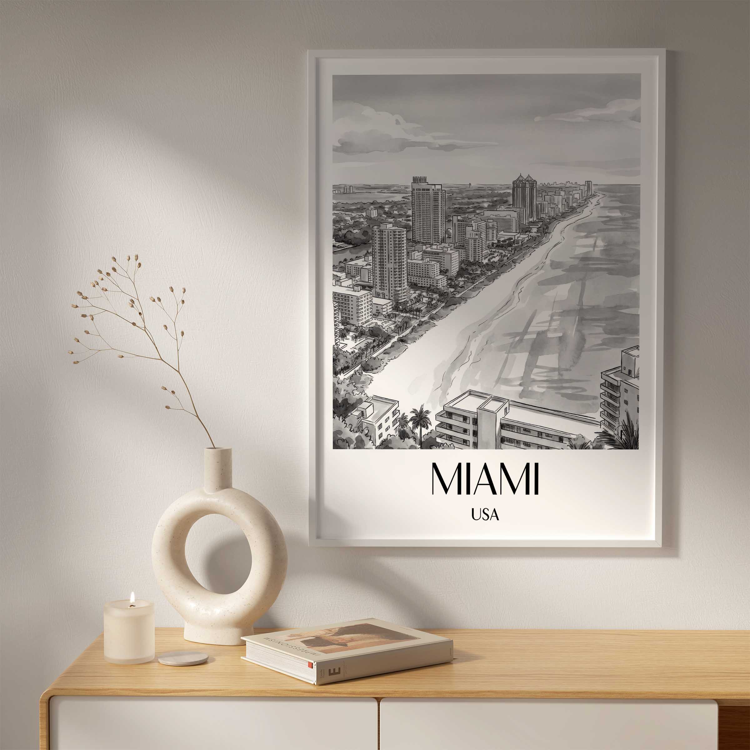miami-usa-poster-aquarell-schwarz-weiss