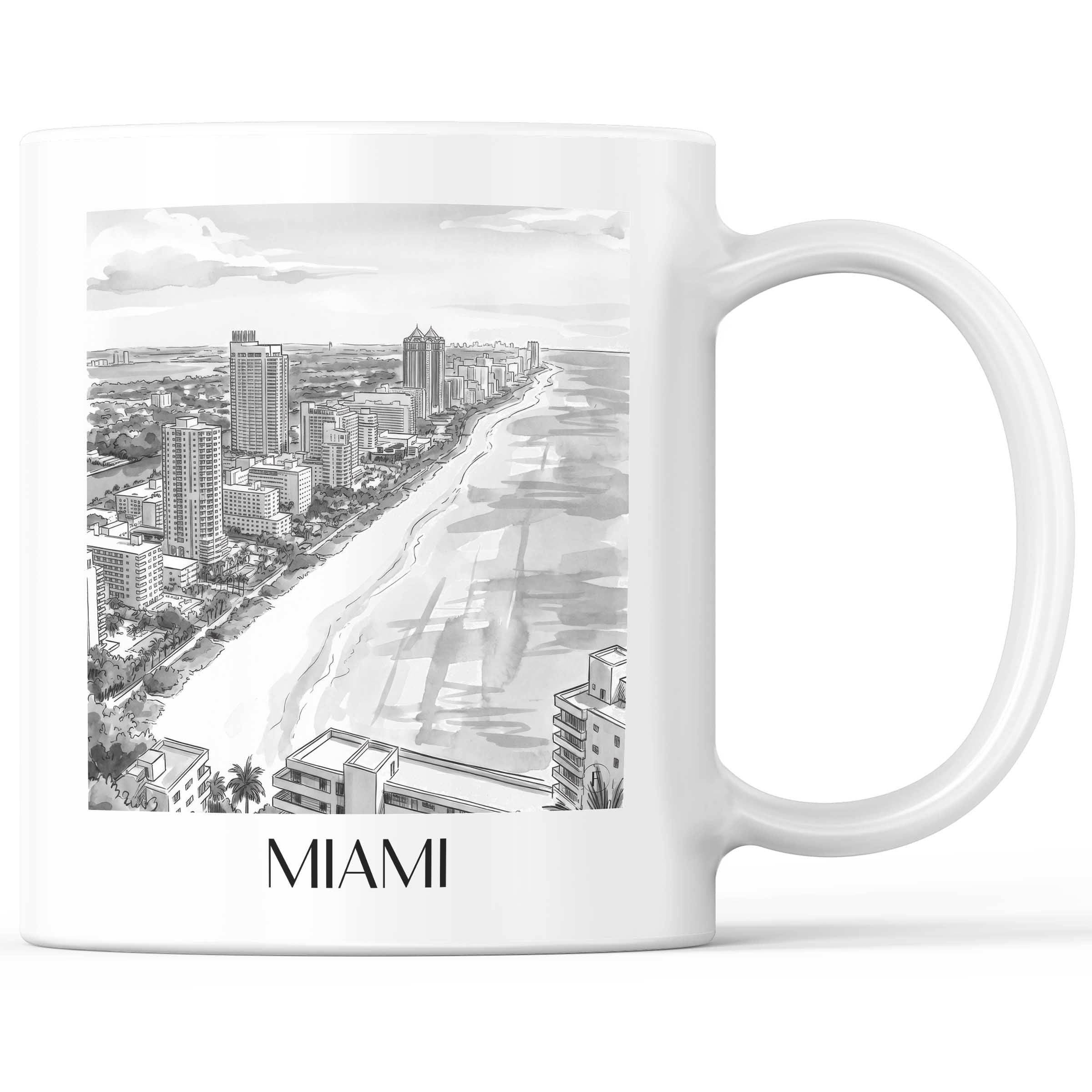 Miami - USA Becher - Kaffeetasse im Aquarell Schwarz-Weiß Stil - favplace