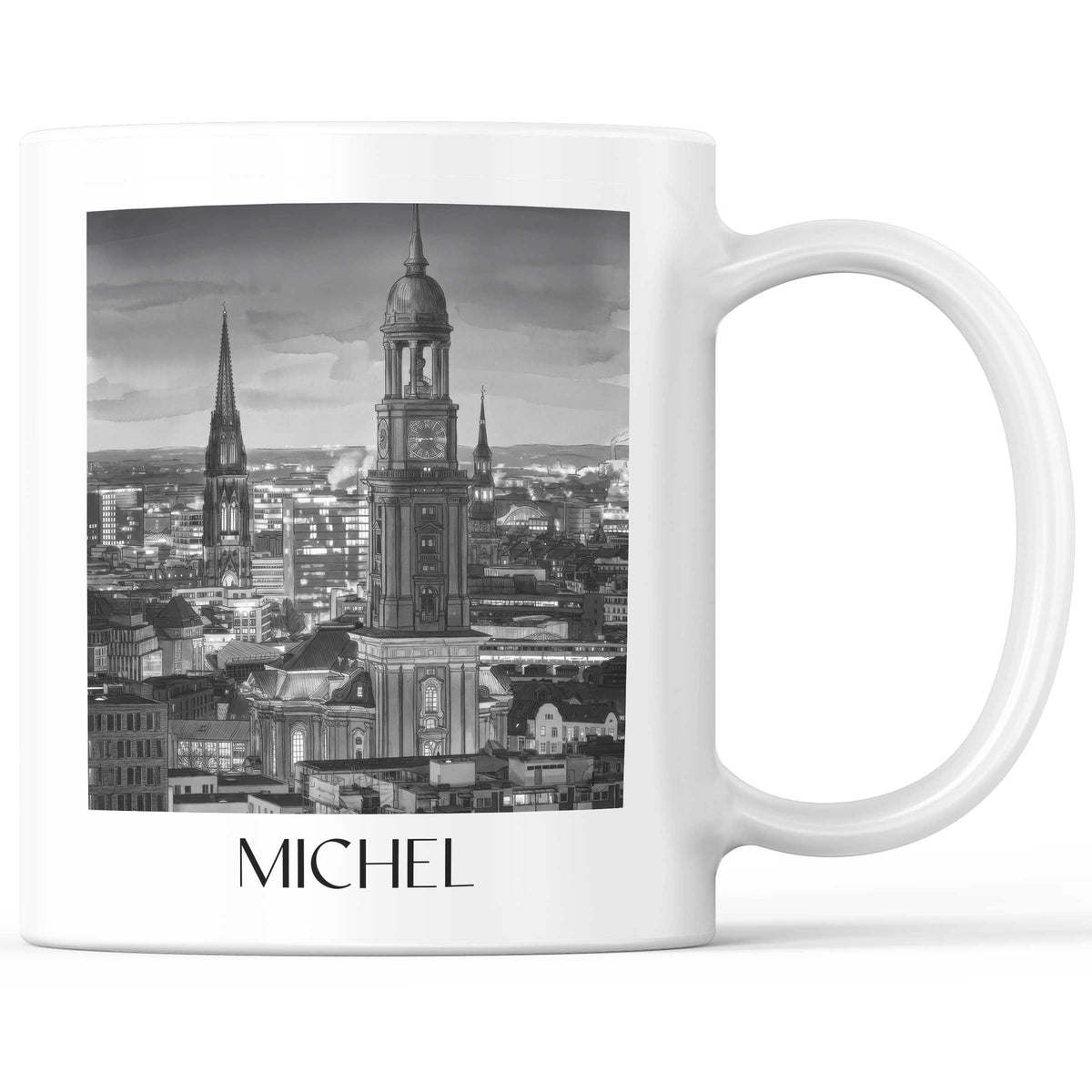 Michel Kaffeebecher - Hamburg - Deutschland Becher - Kaffeetasse im Aquarell Schwarz-Weiß Stil - favplace
