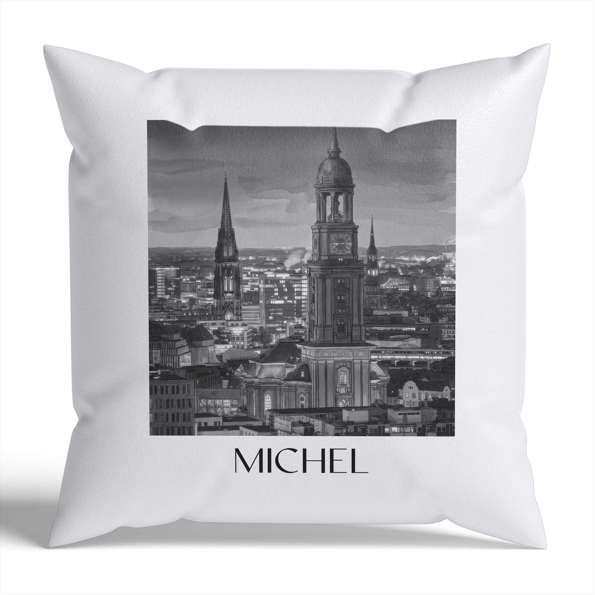 Michel Kissenhülle - Zierkissen Bezug - Hamburg - Deutschland Kissen bzw. Kissenbezug im Aquarell Schwarz-Weiß Stil - favplace