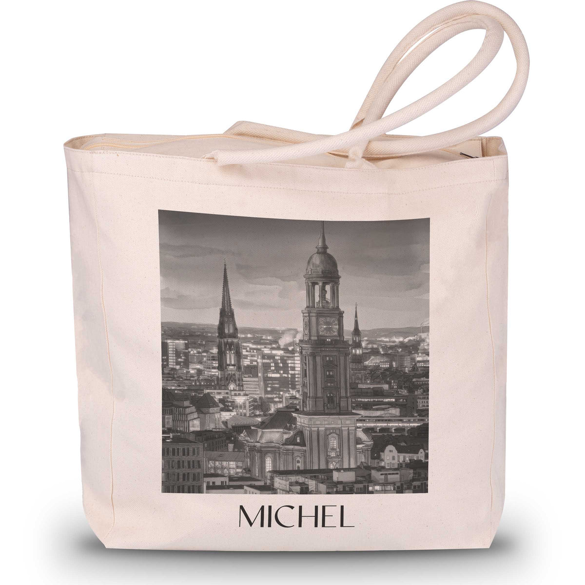 Michel Shopping Tasche - Hamburg - Deutschland Tote Bag - Einkaufstasche im Aquarell Schwarz-Weiß Stil - favplace